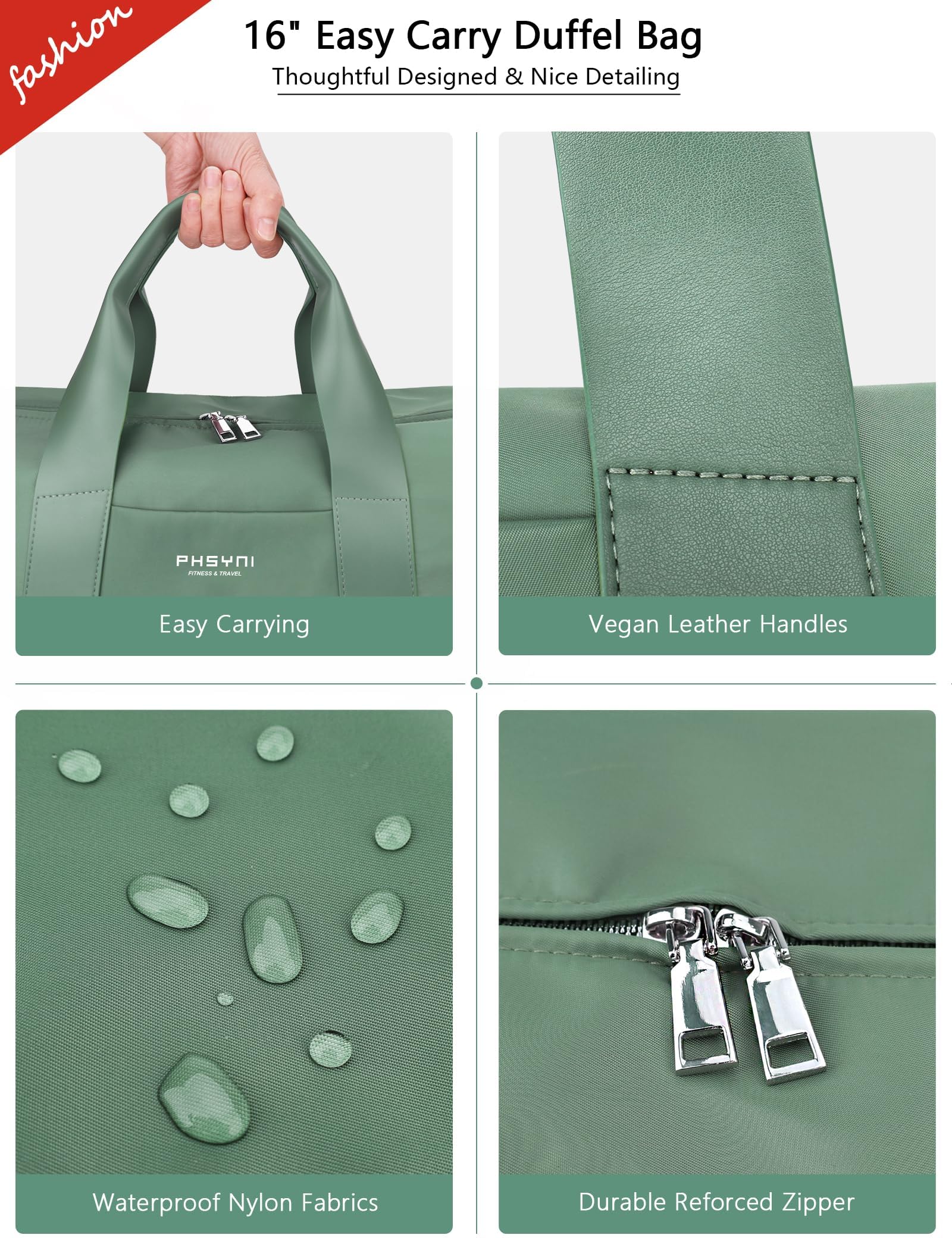 Pequeña Bolsa De Deporte para Mujeres, Niñas y Niños,Diseño para Fitness,Entrenamiento, Baile, Ballet, Natación con Zapatero Independiente y Bolsillo Impermeable(Verde,40x19x20 cm,15L) — view 4