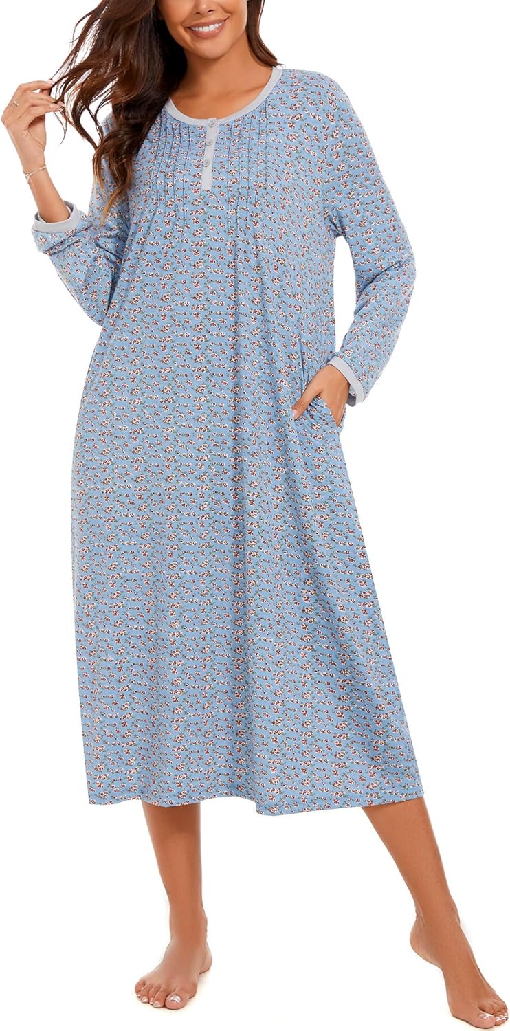 AVIIER Cotton Nightgowns for Women Soft Long Sleeve Night Gown with Pockets - Image 2