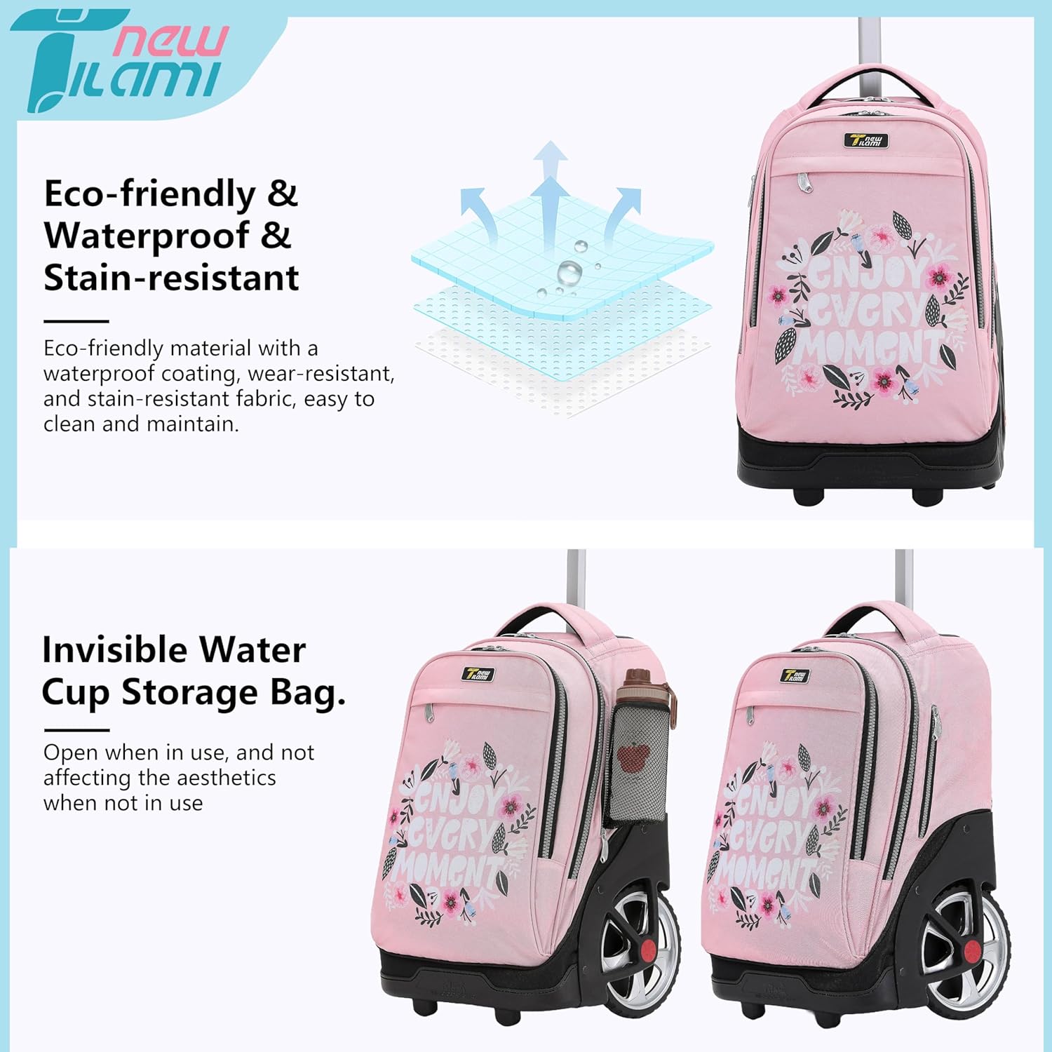 NEW TILAMI Rolling Backpack Teens Rolling Backpack Cute Wheeled Laptop Backpack Bookbag Roller Travel Bag College, Coral Shade, 19 inch