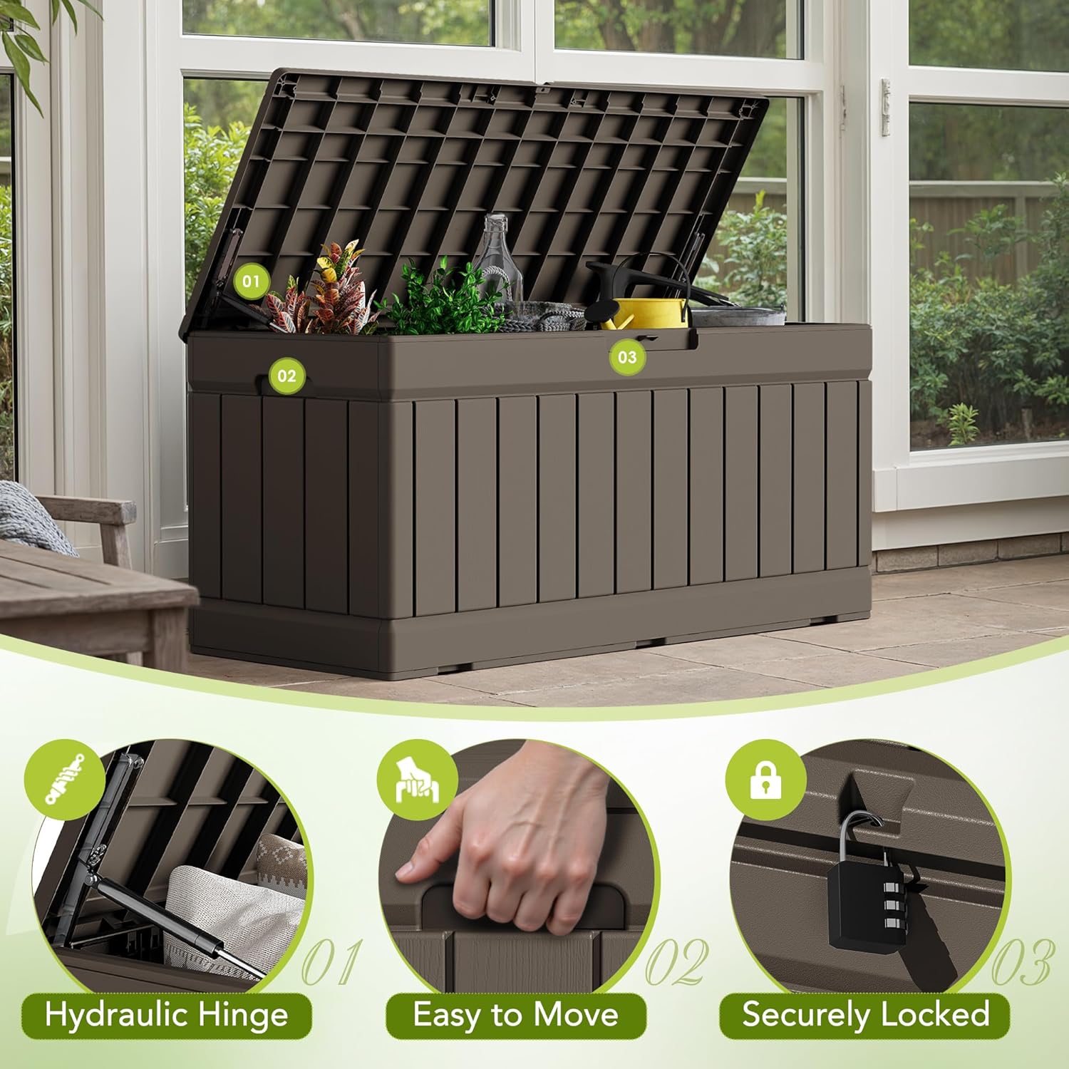Devoko 78 Gallon Deck Box, Waterproof Resin Outdoor Storage Box for Outside and Patio, Outdoor Storage Bench Lockable for Patio Furniture, Garden Tools and Pool Supplies (Brown, 78 Gallon)
