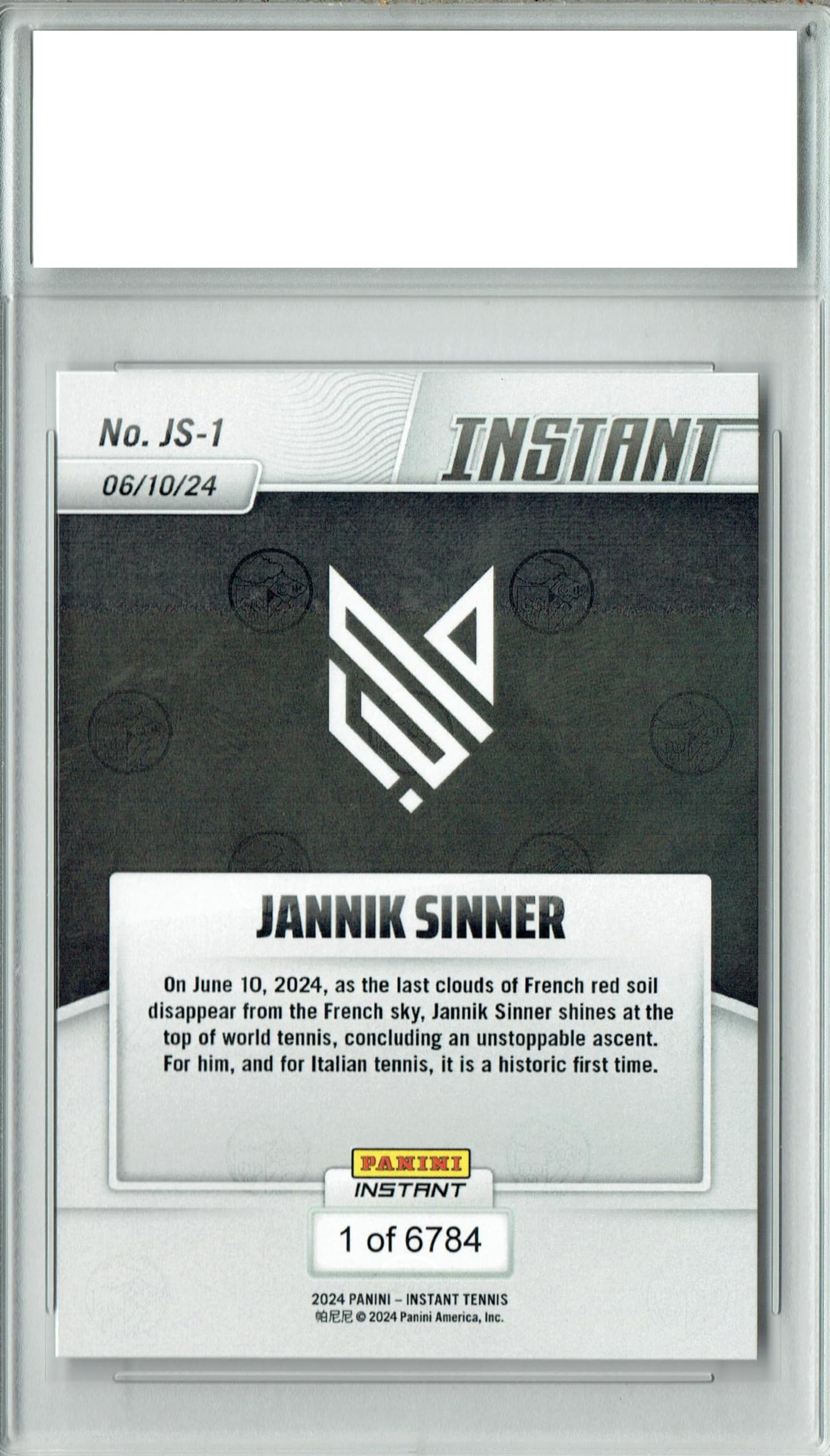 Amazon.com: Jannik Sinner 2024 Panini Instant #JS-1 1st Rookie Card PGI 10  Italy Tennis #1 : Collectibles & Fine Art