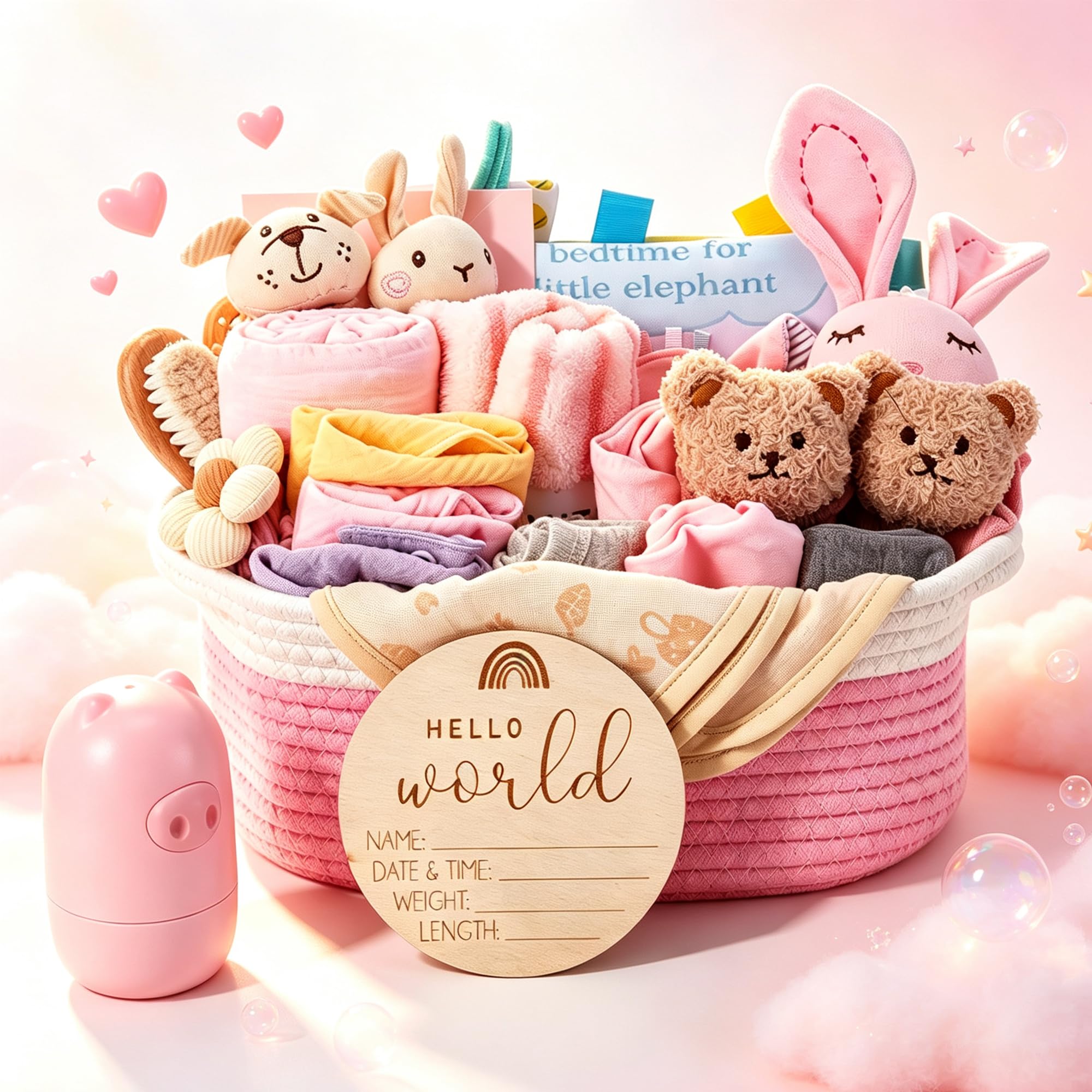 Set regalo per neonato con torta di pannolini Neutro Set per neonato da 32 pezzi con coniglietto di peluche e biglietto d'auguri in un cestino intrecciato baby shower e battesimo