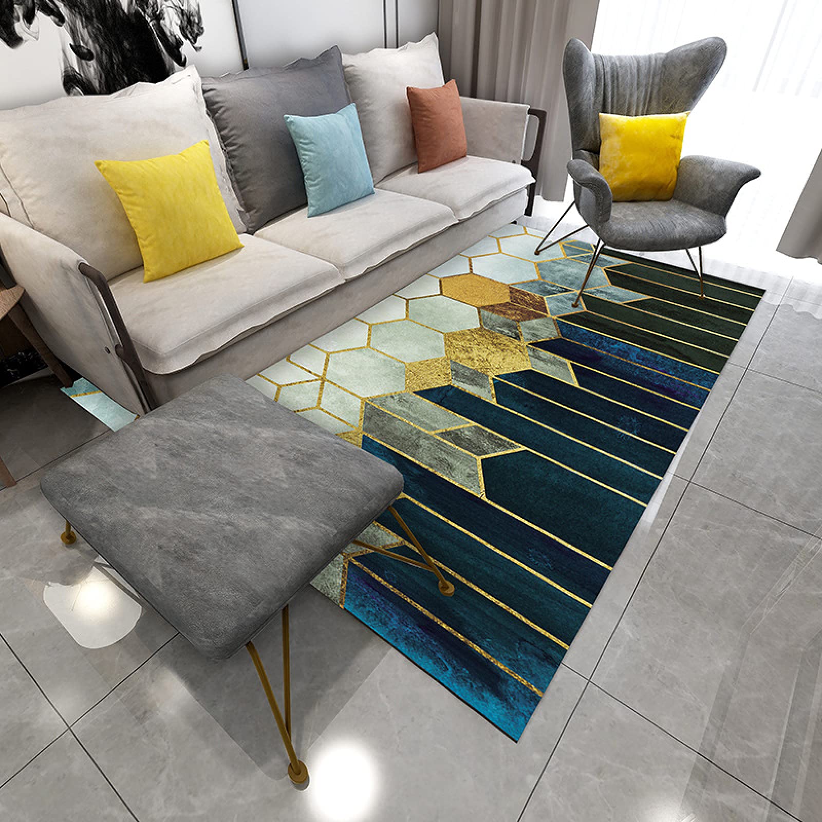 Paillasson Exterieur Entree Géométrie Bleu Paon Tapis Entree Interieur Tapis de Bain Antidérapant Paillasson Lavable Paillasson Interieur Paillasson Exterieur Salle Bain Couloir(60x90cm)