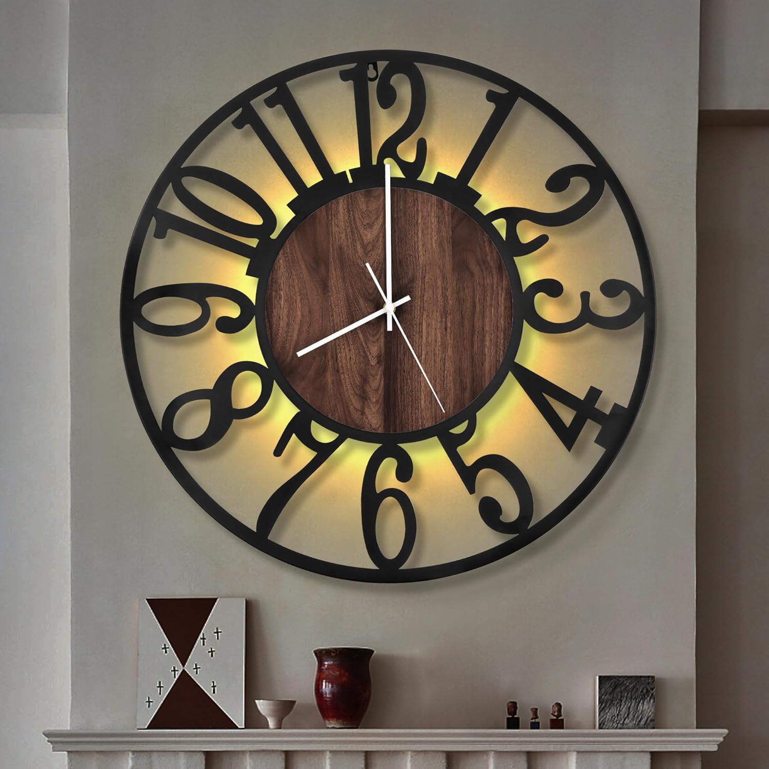 LEIKE Large LED Wall Clocks,Silent,Non Ticking,Battery Operated Rustic Round Modern Big Wood Wall Clock for Living Room, Bedroom,Kitchen,Farmhouse,Office,Home Decor -24" Black,LED,Arabic Number 24 IN Led-black Wood-arabic Number