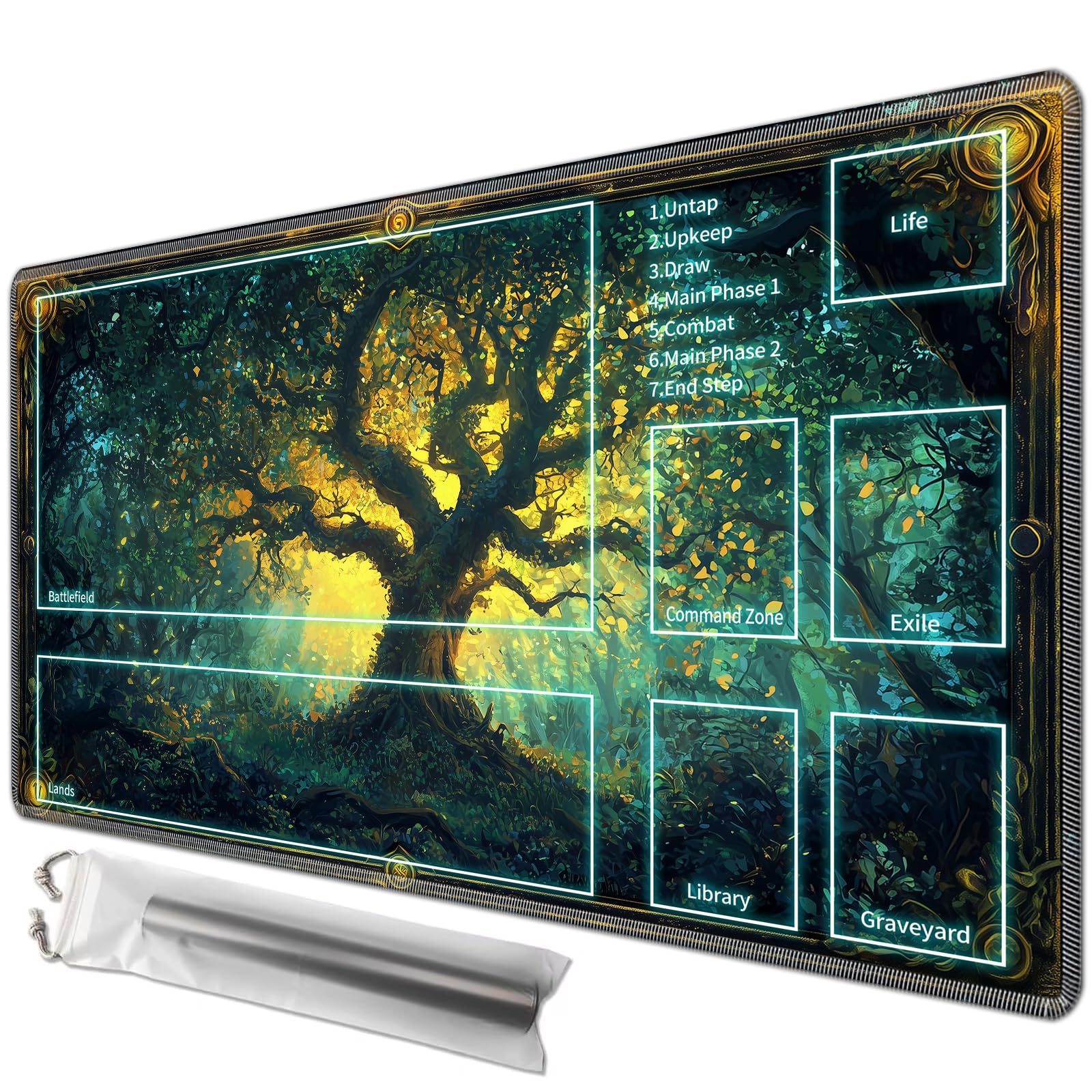 JANENFNA Playmat 27.5" x 15.7" with Magic Zones for MTG Card Game Playing, Board Game Mat for Card Breaking Commander Deck Gaming Card Game Battles Mat with Storage Bags, Green Magic Forest