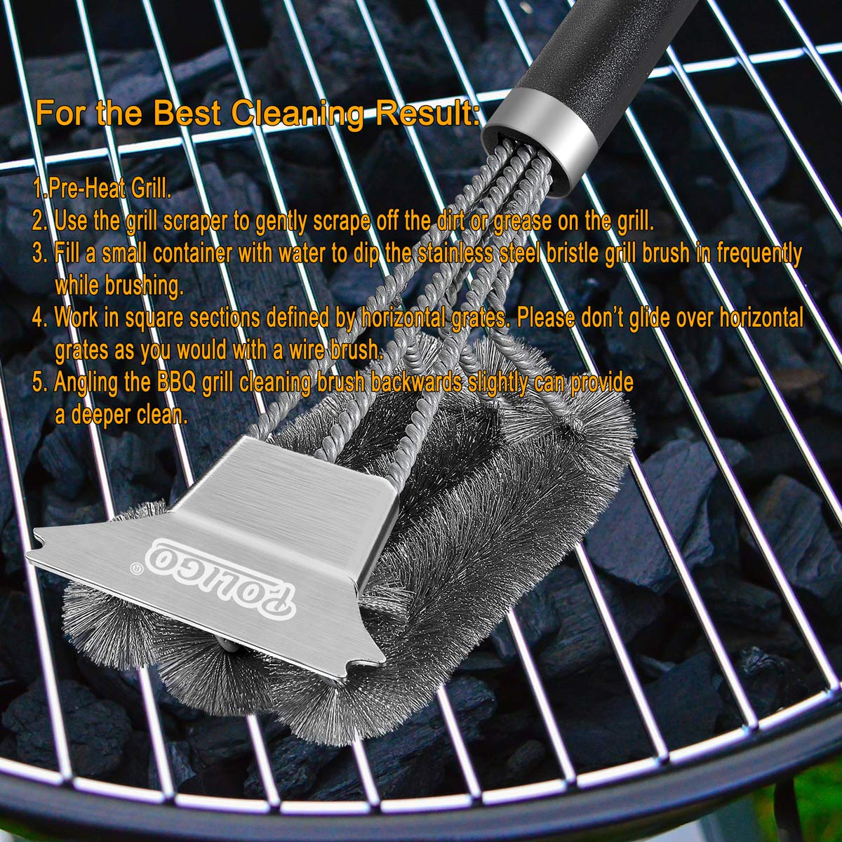 POLIGO Safe Grill Brush and Scraper with Deluxe Handle 18" Grill