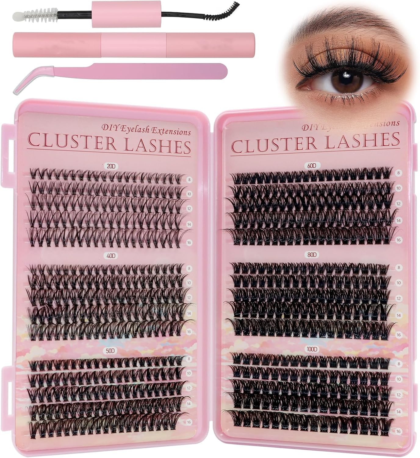 VEGCOO 590 Pezzi Ciglia Finte Ciuffetti, 20-40-50-60-80-100D Lash Cluster, Kit Ciglia Extension D Curl 8-16mm, DIY Eyelash Extension per Ragazze e Donne Principianti