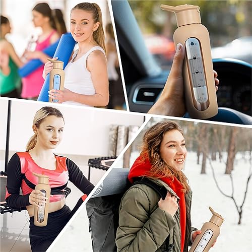 Miniatura 7 de haelo Botella de agua motivacional de vidrio de 24 onzas con tapa abatible, pajilla, funda protectora de silicona, asa, reutilizable, sin BPA (negro)