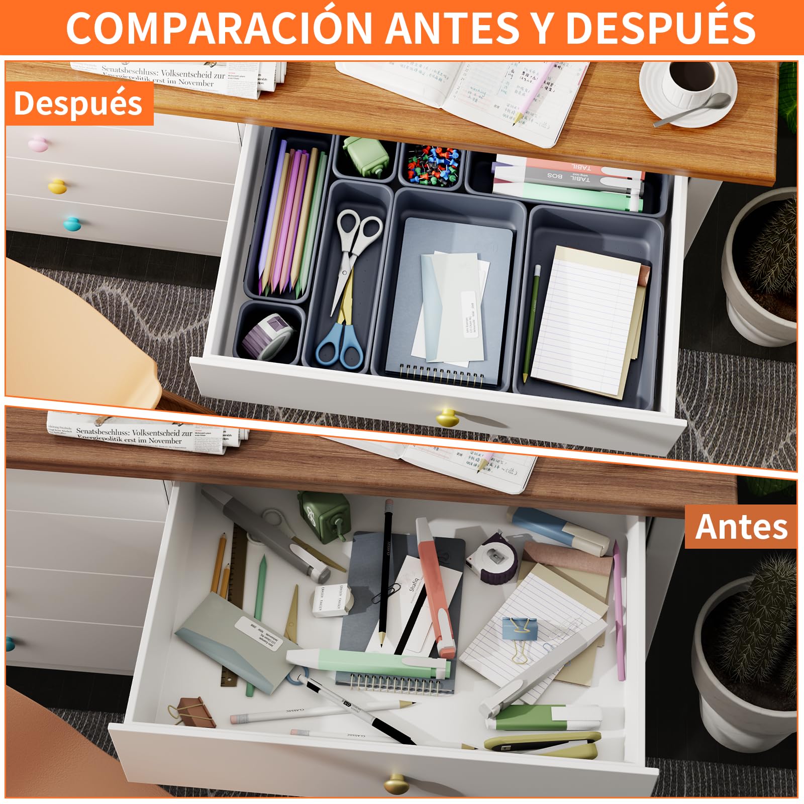 45 Piezas Organizador Cajones Baño 3 Tamaños, Caja Organizadora Separadores de Plastico para Baño, Maquillaje, Cocina, Oficina, Escritorio, Cajitas Cajas Gavetas Organizadoras Cajones, Gris