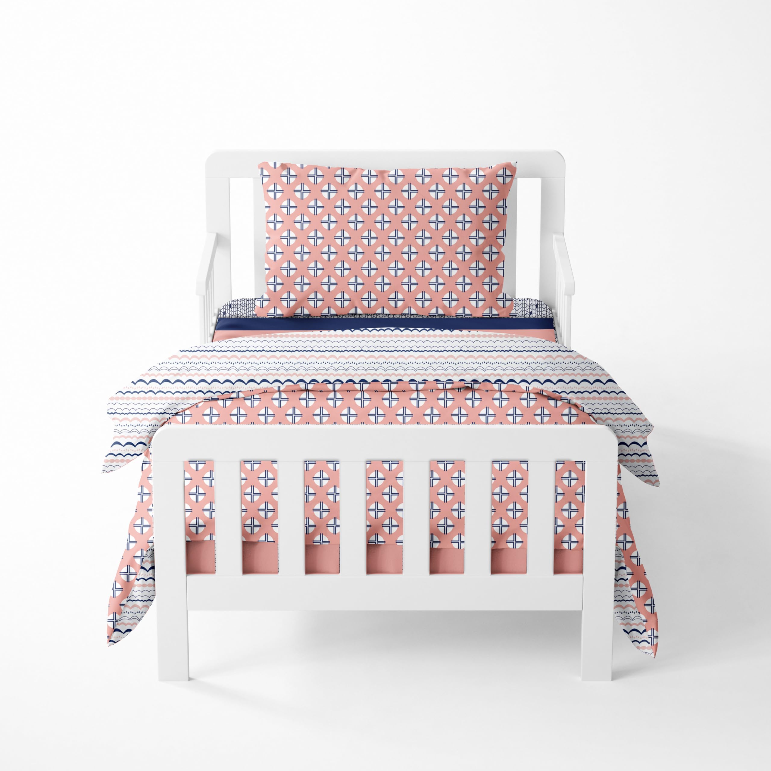Bacati - Tribal Toddler Bedding Products (4 pc Toddler Bedding Set, Coral/Navy)