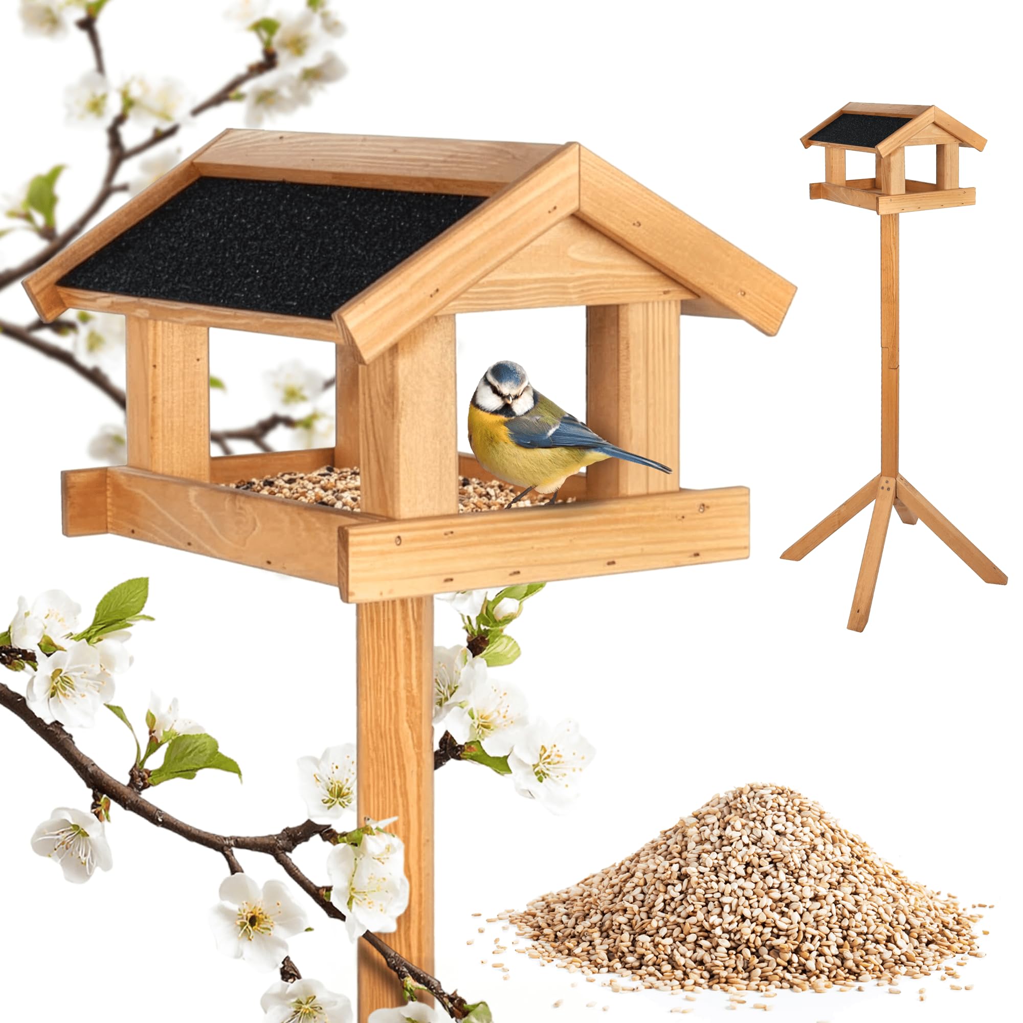 PATKAR Vogelhaus Futterhaus für Vögel mit Ständer aus Kieferholz - Vogelfutterstation Vogelfutterhaus für Singvögel Wildvögel Vogel Futterstation + 500g Futter Gratis