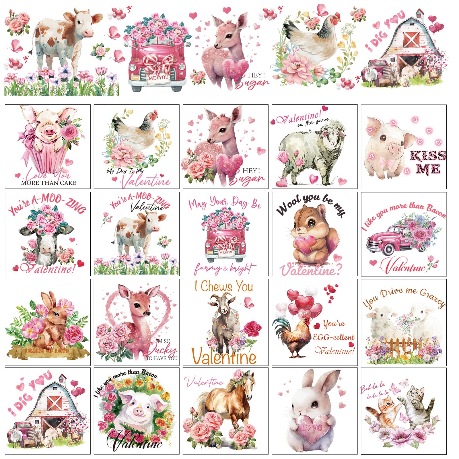 Valentine's Day Rub on Transfers for Crafts - 20 Sheets Pink Vintage Farmhouse Rub on Transfer Stickers for Furniture Decoration, Cute Animal Chicken Cow Horse Stickers Decals DIY Farm Wood Wall Decor