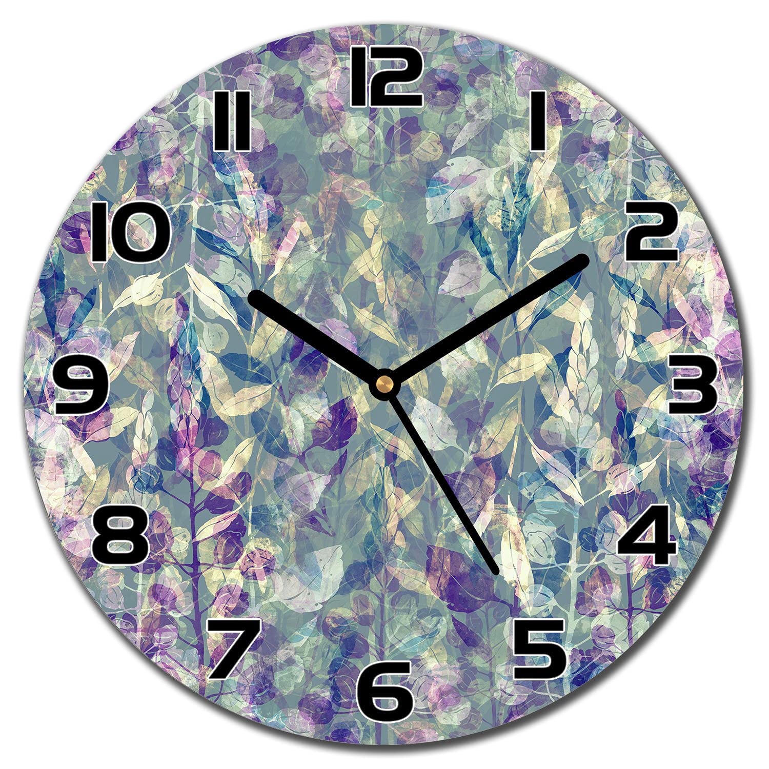 Horloge en verre 30 cm Coloray avec aiguilles noires motif herbes et feuilles violettes
