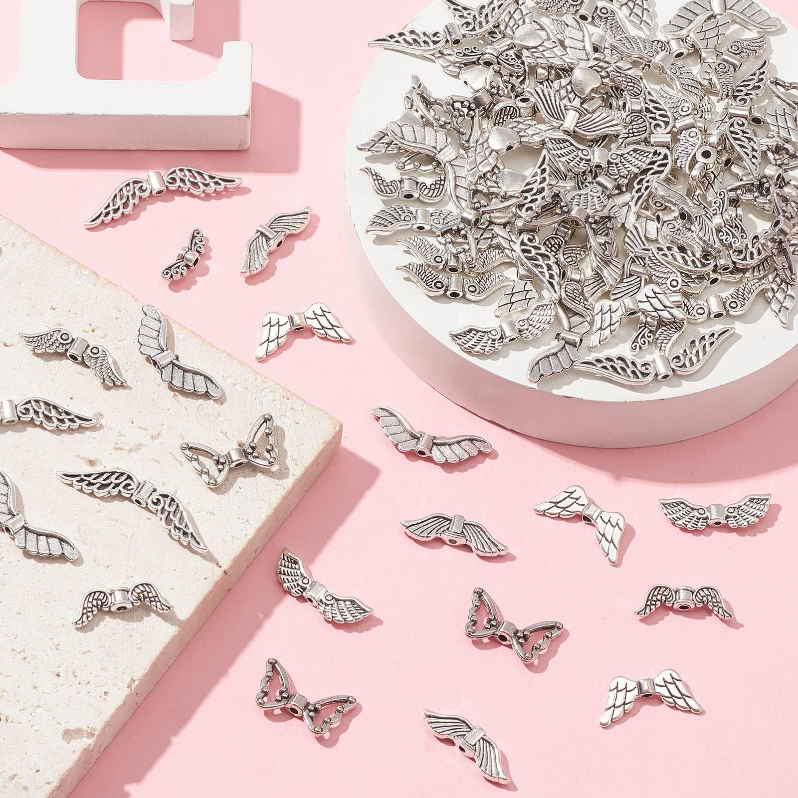 UR URLIFEHALL 100 Pcs 10 Styles Tibetan Silver Fairy Wing Spacer Beads Angel Wings Shaped Beads for Jewellery Making Hair Accessories Crafts - Image 4