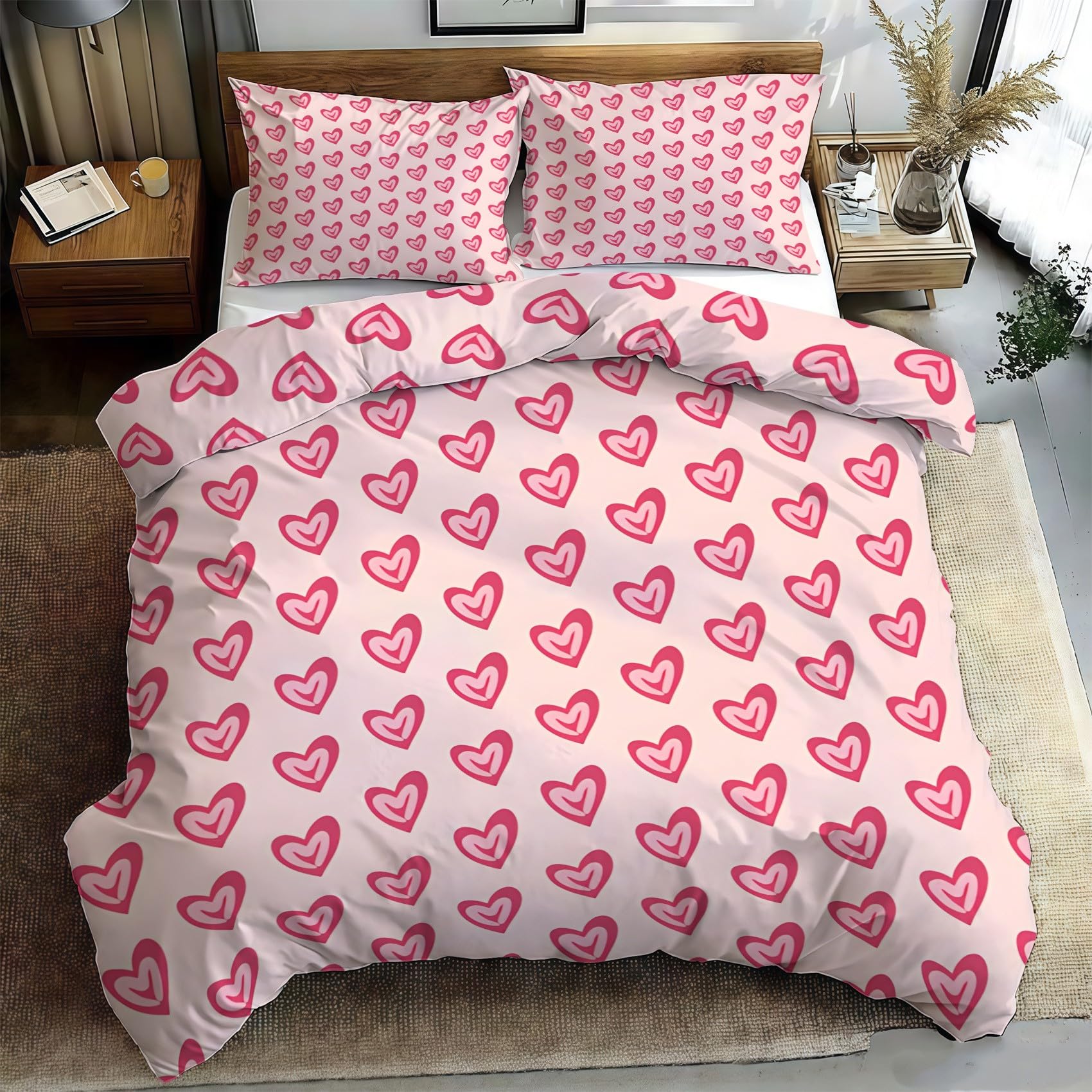 Funda Nordica Cama 90 Infantil Corazones Rosas Ropa de Cama Sencillo Microfibra Suave y Cómoda con Cremallera Funda Edredon 150x200-2 Fundas Almohada 50x75 QB422
