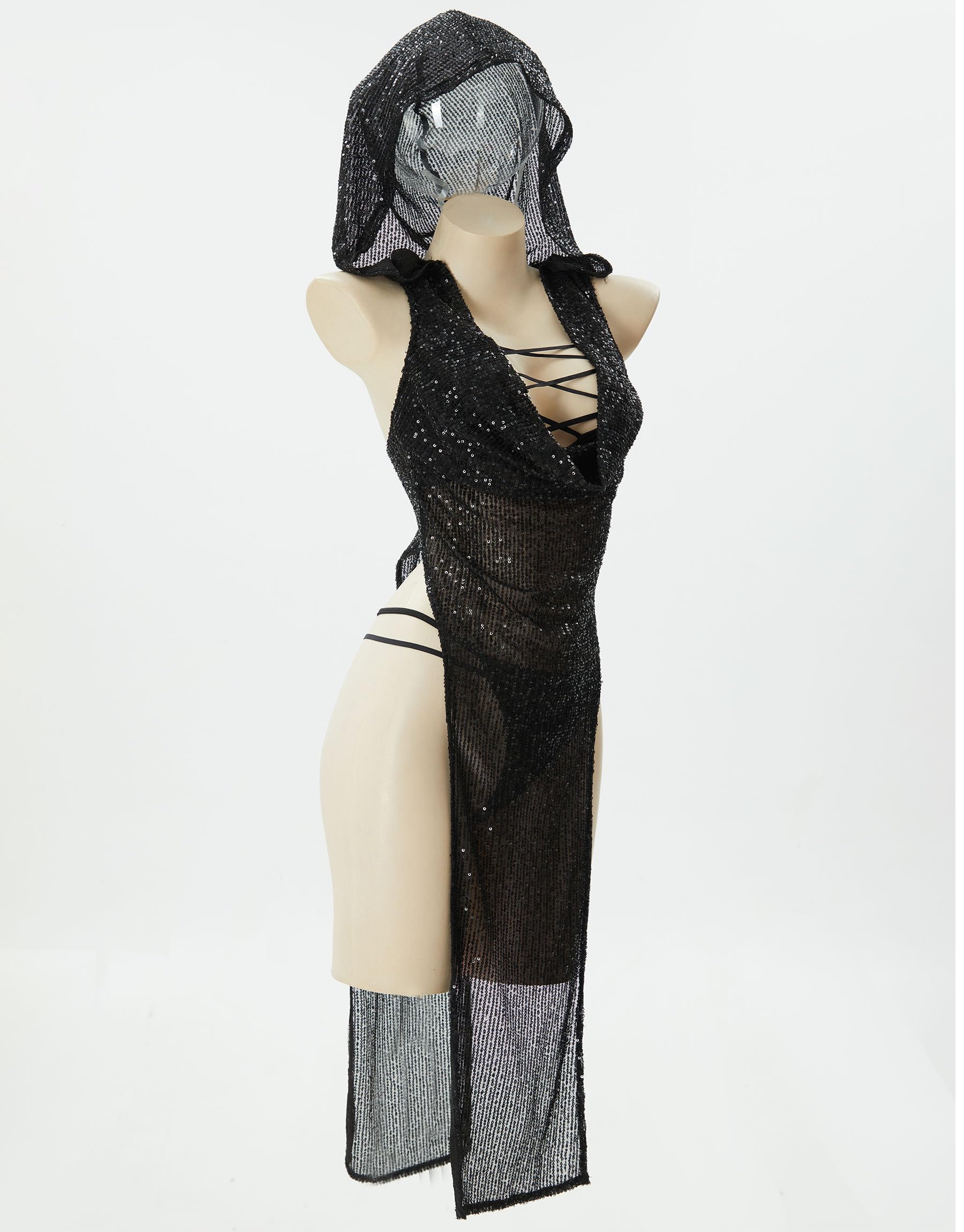 MEOWCOS Women's Bodycon Dress Gothic Translucent Sequins Front Lace-up Dress Set with Arm Sleeves