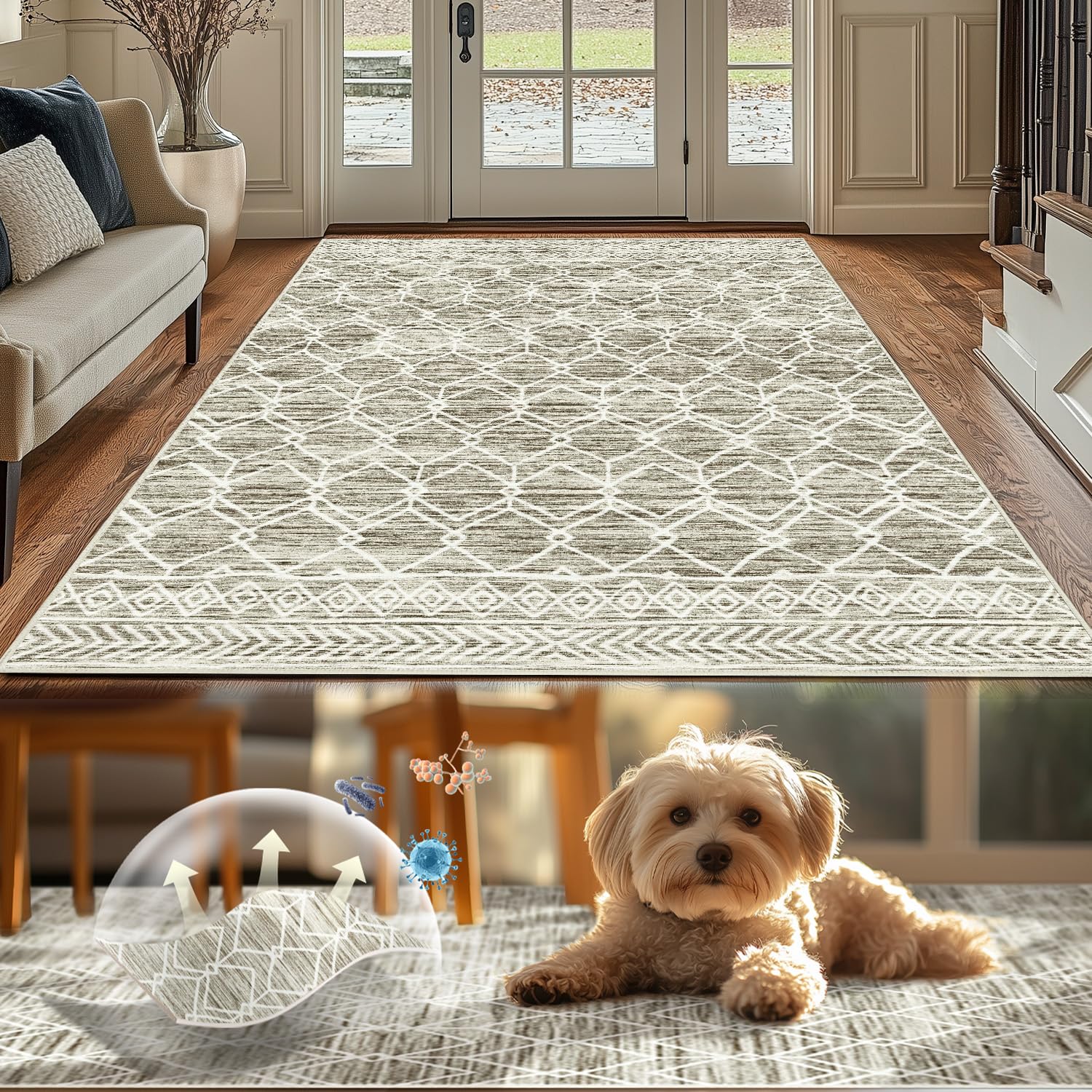 TOPICK Teppich Waschbar Boho Eingangsbereich Marokkanischer Niedrigfloriger Geometrischer Fleckenabweisend, rutschfest Ultradünner für Küche Schlafzimmer Bauernhaus Badezimmer Tür 120x180(cm) Braun