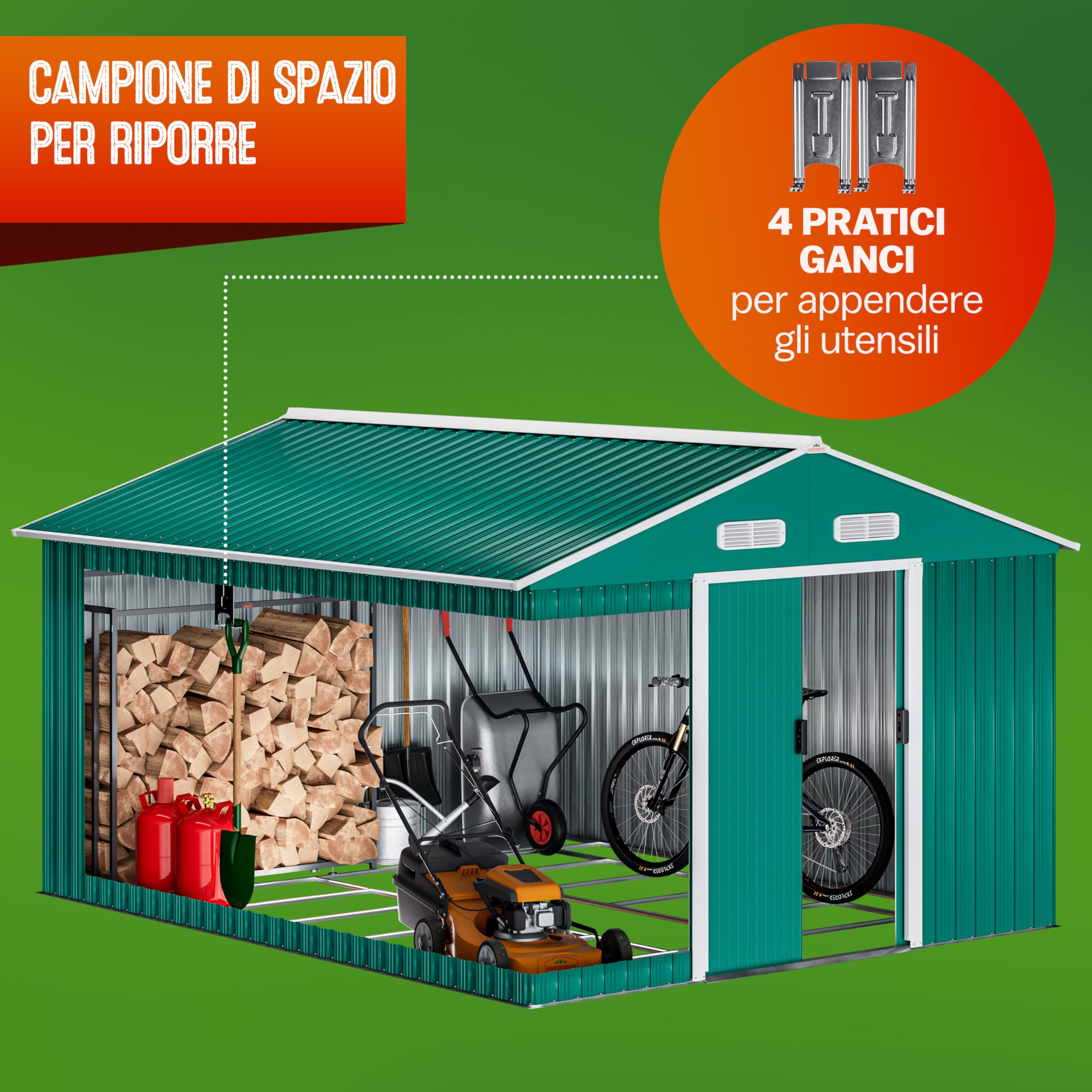 GARDEBRUK® Casetta per Attrezzi da Giardino XXXL in Metallo 8m² con Base 312x257x178cm Porta Scorrevole Capanno Verde con Tetto Prese d´Aria Capannone Rimessa da Esterno 15m³