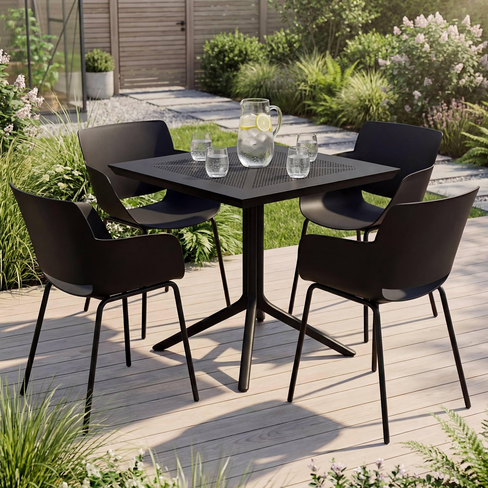 CLP Gartenmöbel-Set wetterfest Lirra, mit 4 Stühlen, quadratischem Tisch, 5-teilige Sitzgruppe für Garten, Terrasse und Balkon Farbe schwarz