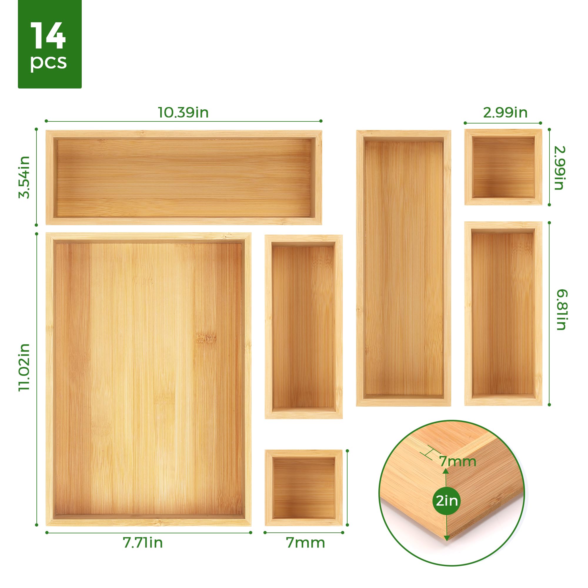 Schubladen-Organizer-Set aus Bamboo, Aufbewahrungsboxen aus Holz, Schubladeneinteiler und Aufbewahrungsboxen, für Küche, Badezimmer, Schreibtisch, Make-up, Schmuck und Besteck, 14-teilig