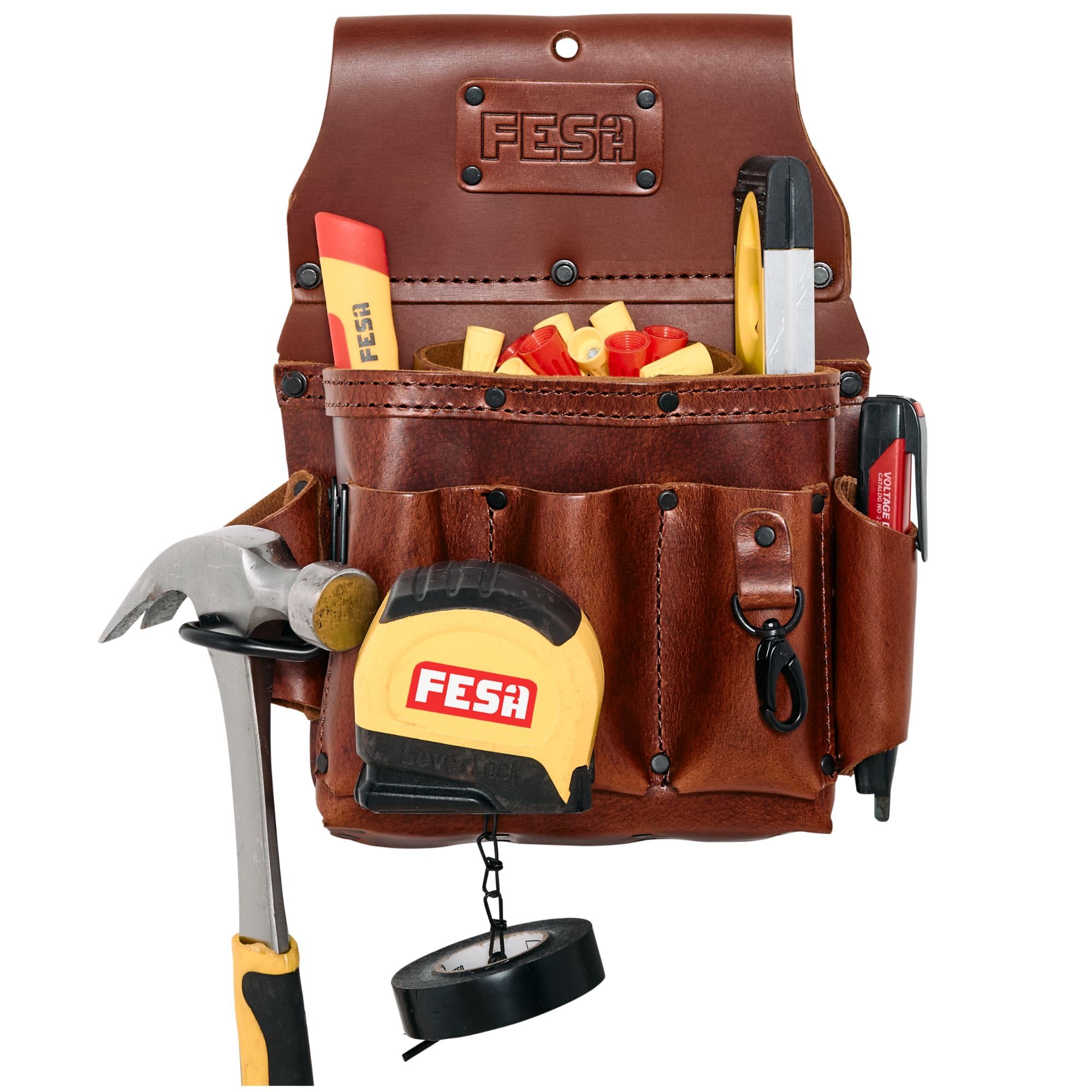 FESA Leather Electrician Tool Pouch - 13-in-1 Top Grain Leather Electrician Pouch w/Steel Hammer Loop, Tape Measure Clip, Tape T-Chain & 6 Pockets -