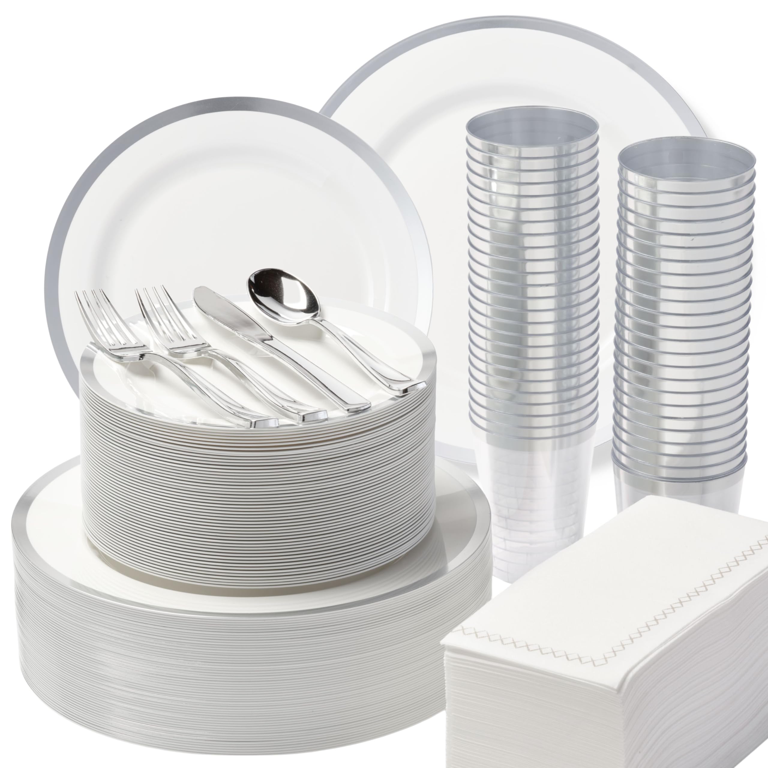 By Madee HEAVYWEIGHT Elegant Disposable Dinnerware Set-Fancy Plastic Dinnerware Sets - Plates, Cutlery, Napkins, Cups- Disposable Party Plates-Silver Plastic Plates for Party - 400 Pcs (50 Guests)