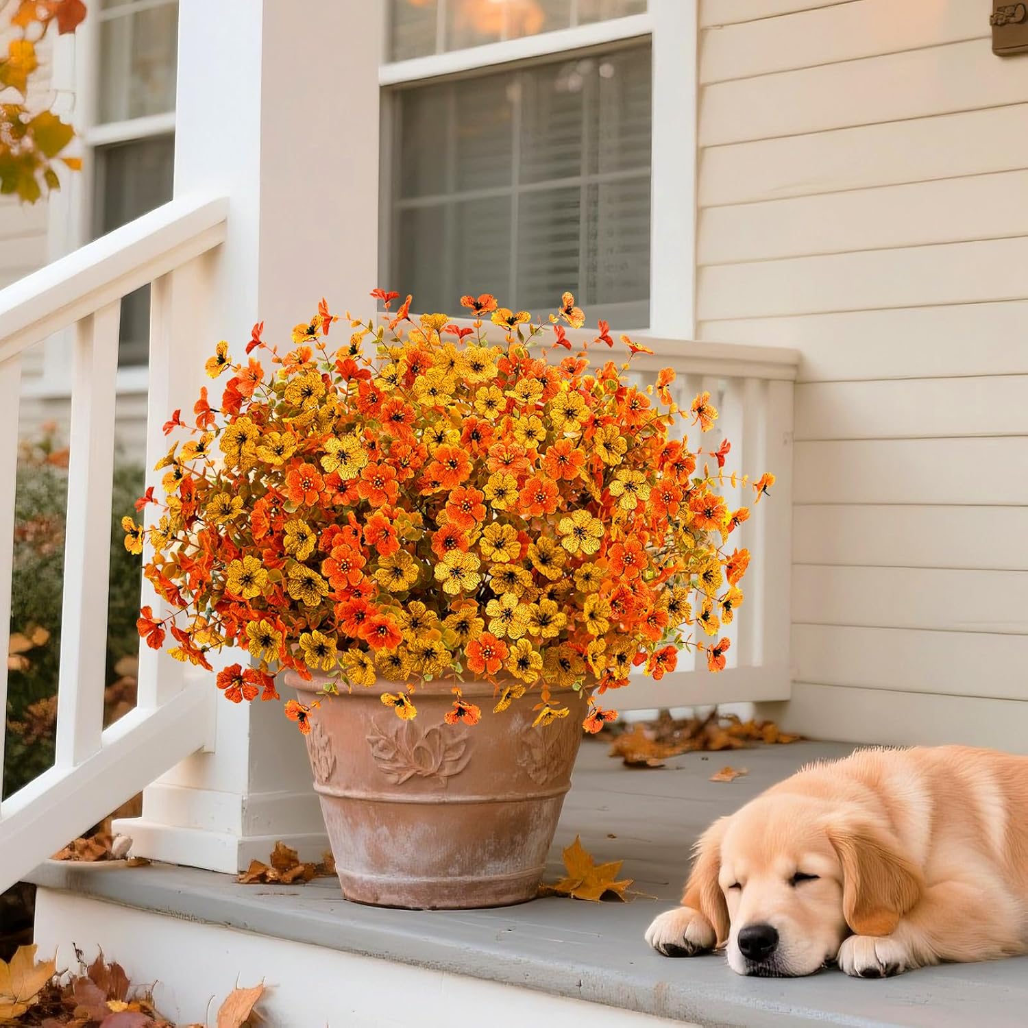 Artificial Mums Fall Fake Flowers for Outdoors, 12 Bundles Faux Mums for Outdoor Planters Decorations,UV Resistant Silk Flowers Plastic Plants for Front Porch Garden Patio Home Decor (F-Orange Yellow) - Image 6