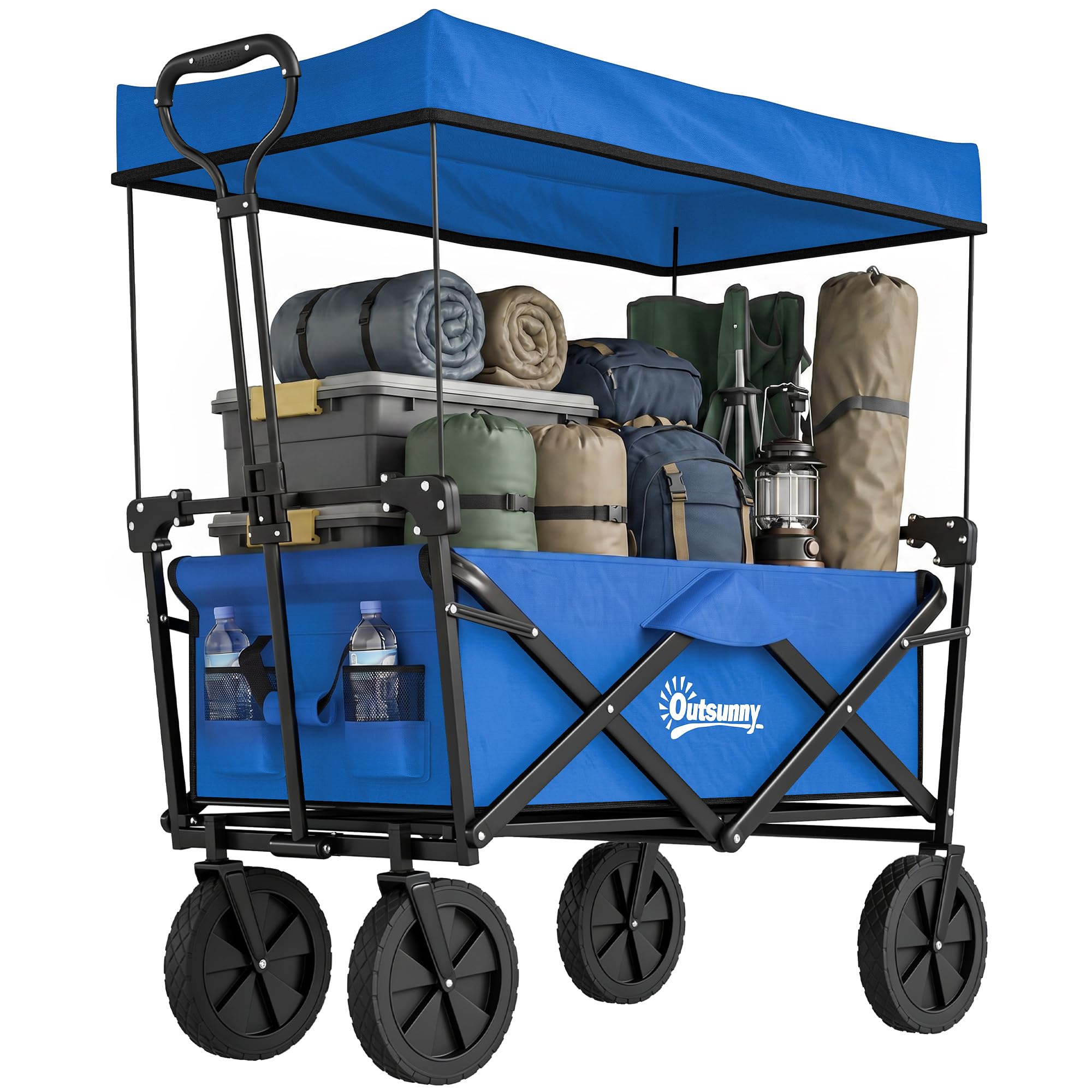 Outsunny Carro Plegable con Toldo Desmontable Carro de Playa Carro de Jardín con Longitud y Ángulo del Mango Ajustables Ruedas Grandes y Bolsa de Transporte Carga 100 kg para Compra Azul