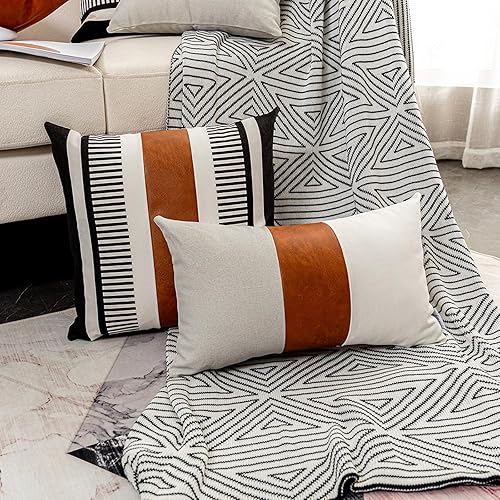 Miniatura 5 de Vfuty Fundas de Almohadas Decorativas Estilo Granja para Sofá Sillón Funda de Cojín Cuadrada de Cuero Sintético Decorativa con Rayas Tribales Funda