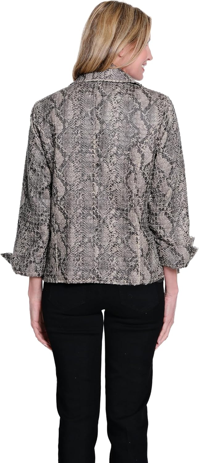 MULTIPLES Women's Turn-Up 3/4 Sleeve Pocket Lapel Collar Faux Zip Front Lined Jacket, Multi - Image 2