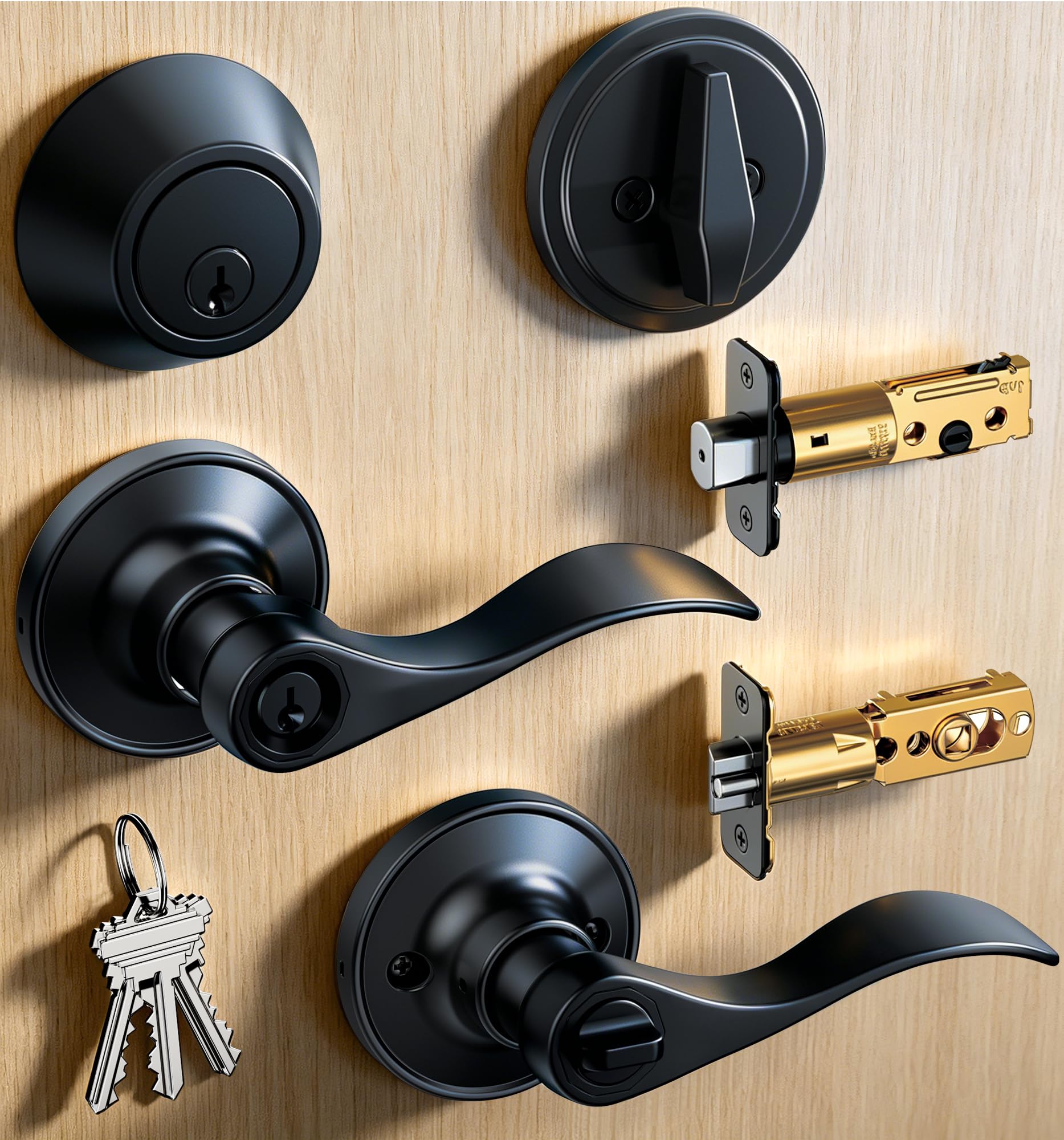 Photo 1 of Veise Keyed Alike Exterior Door Handle Lock Set with Deadbolt, Front Door Lever Lock with Single Cylinder Deadbolt Combination Set, Wave Zinc Alloy Style Door Knob keyed Entry Lock, Matte Black