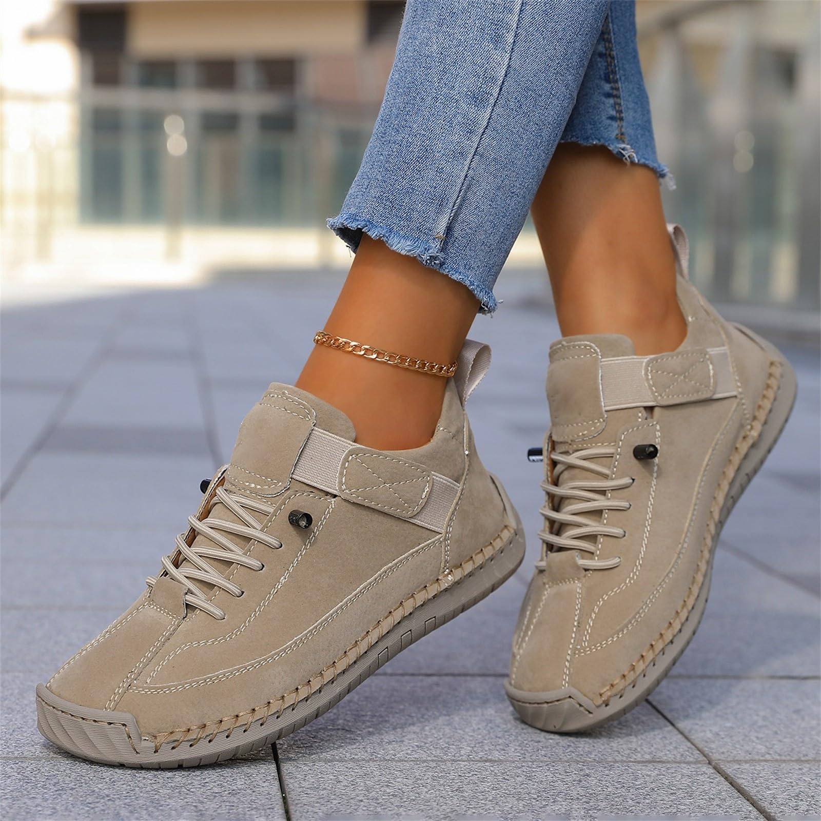 Zapatos casuales de ajuste ancho para mujer, ligeros, cómodos, planos, beige, 39 EU