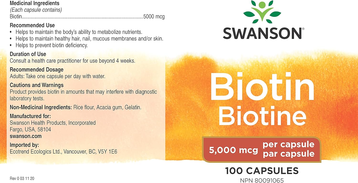 Swanson Biotin Vitamin B7 5000 mcg 100 Capsules : Health & Household