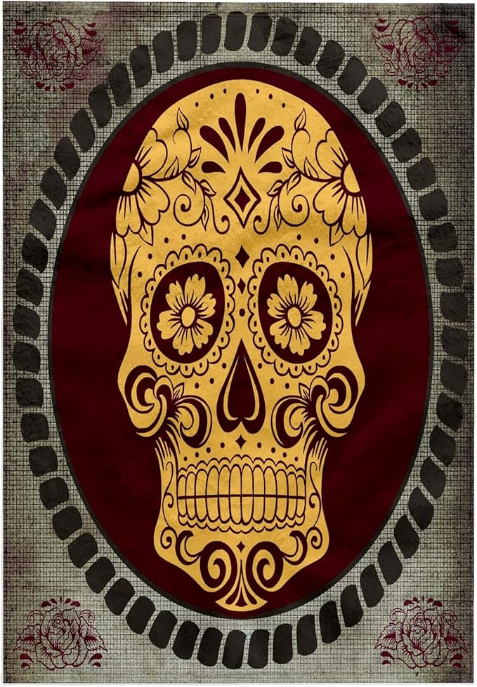 3dRose 15x22 Hand Towel - Day of The Dead. Cool Design. Yellow, Burgundy, Grey. Sugar Skull