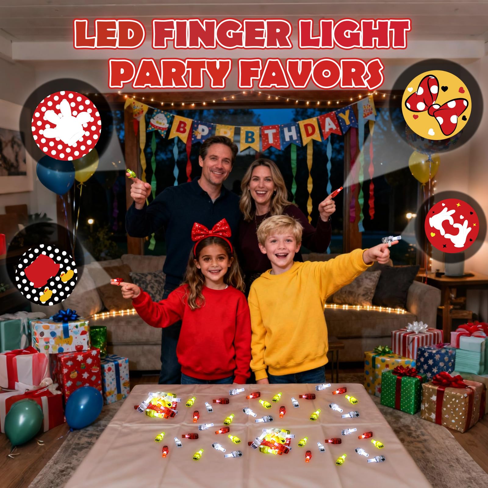 Paquete de 36 recuerdos de fiesta con temática de ratón, luces LED de dedos, regalos clásicos de dibujos animados para bolsas de regalo, premios de caja del tesoro para el aula, regalos de