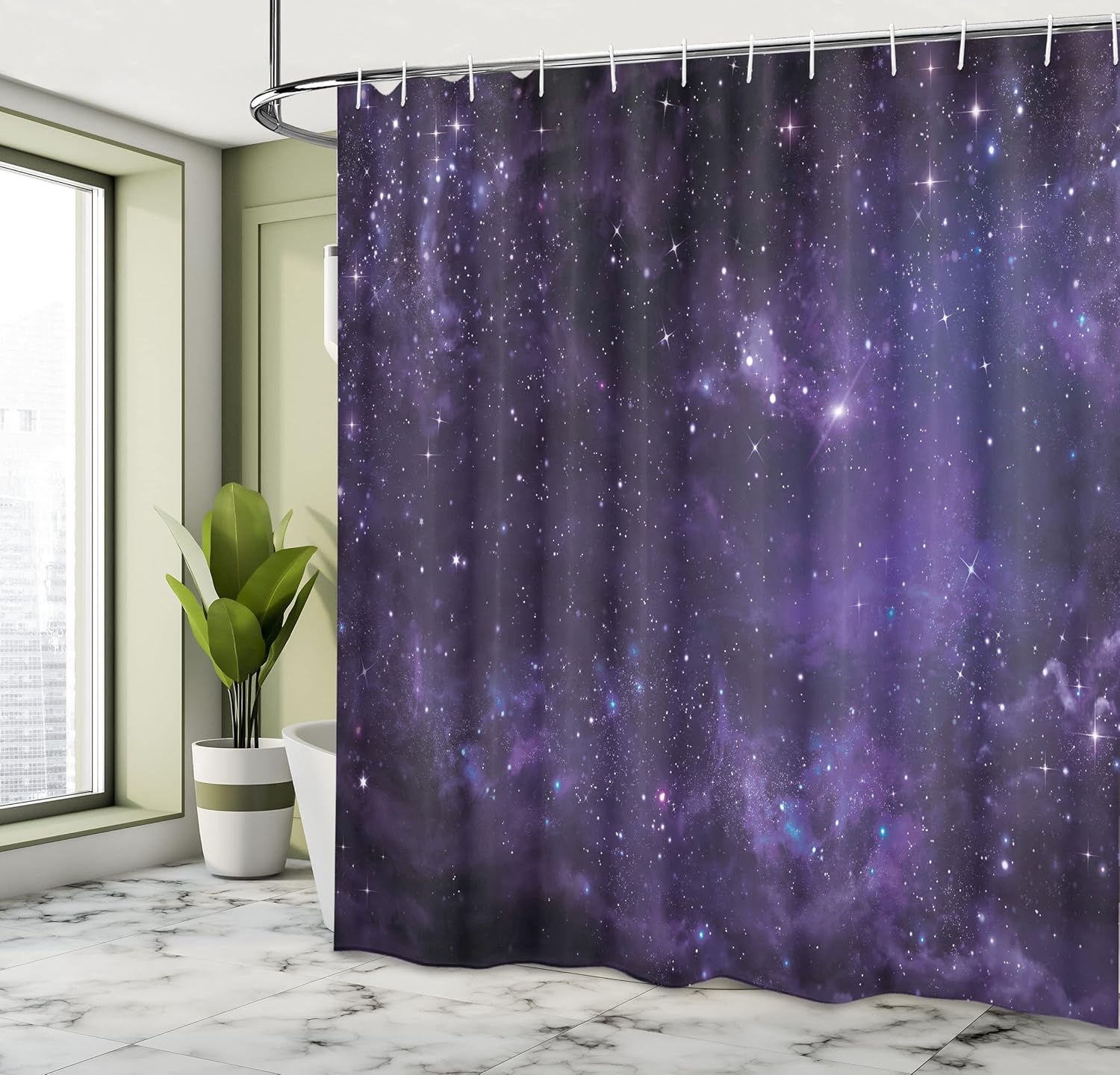 Ambesonne Galaxy Shower Curtain, Celestial Stars in Night Sky Stardust in Clouds Fantasy World of Space, Cloth Fabric Bathroom Decor Set with Hooks, 69" W x 75" L, Black and Purple
