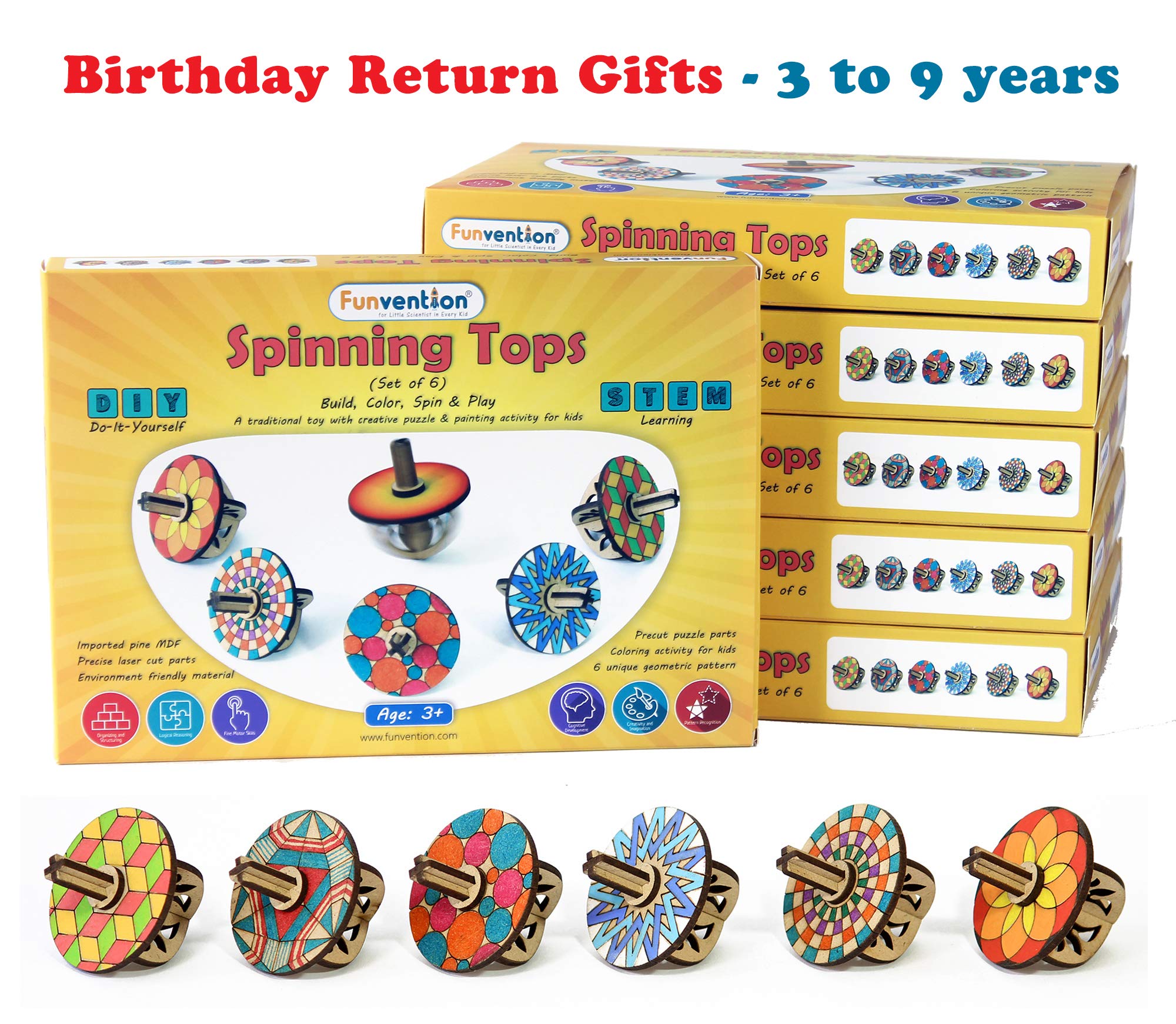 Birthday Return Gifts (Pack of 6) - DIY Spinning Tops (Mandala Art) Set of 6 Build, Color, Play, Art & Craft Coloring Activity Party Pack Return Favors for Kids (6 Tops & 8 Colors Per Set)