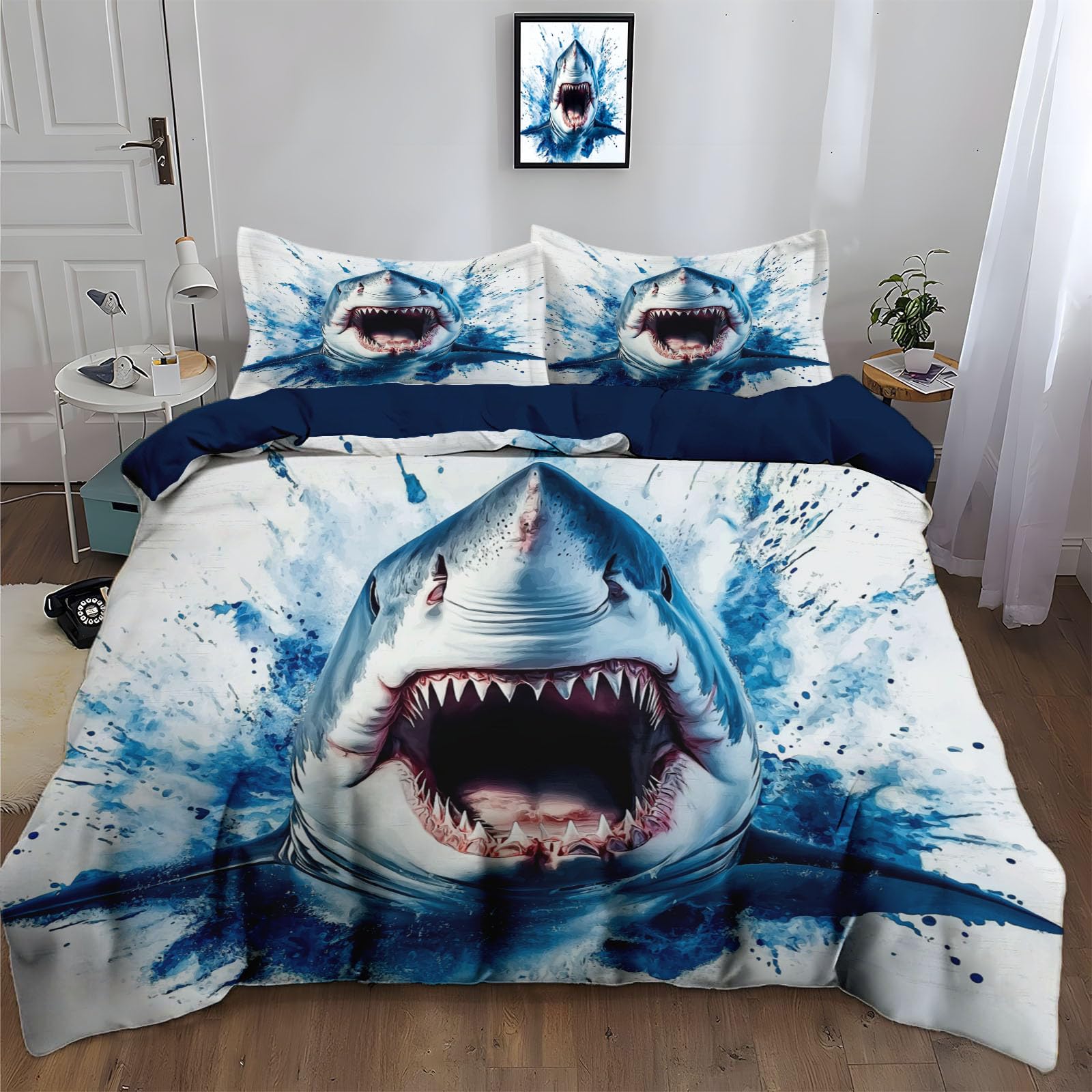 Housse de couette 240x260 cm requin avec taies d'oreiller pour lit 2 personnes