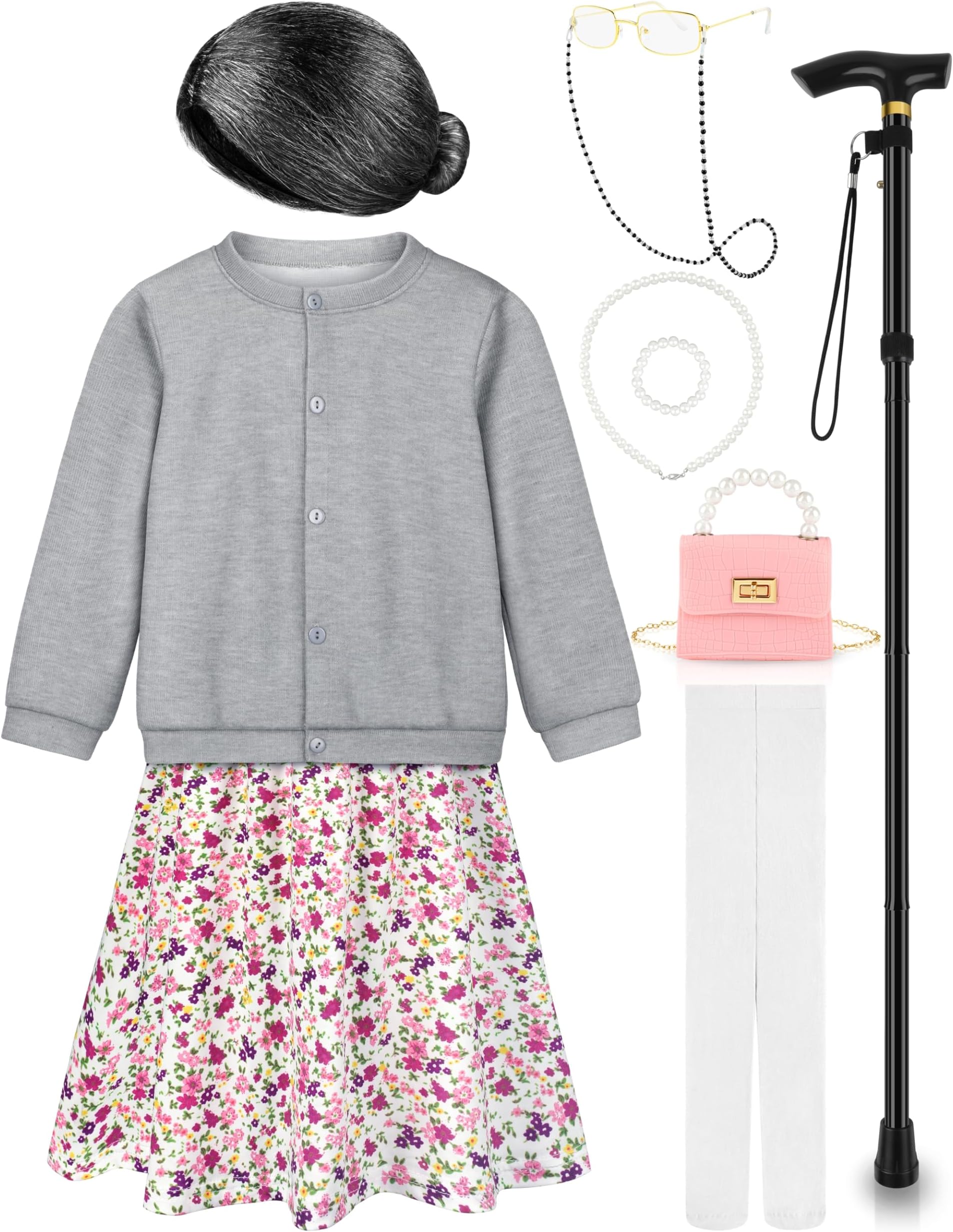 Old Lady Costume for Kids 100 Days of School Costume for Girls 100th Day of School Granny Old Lady Dress Up Accessory