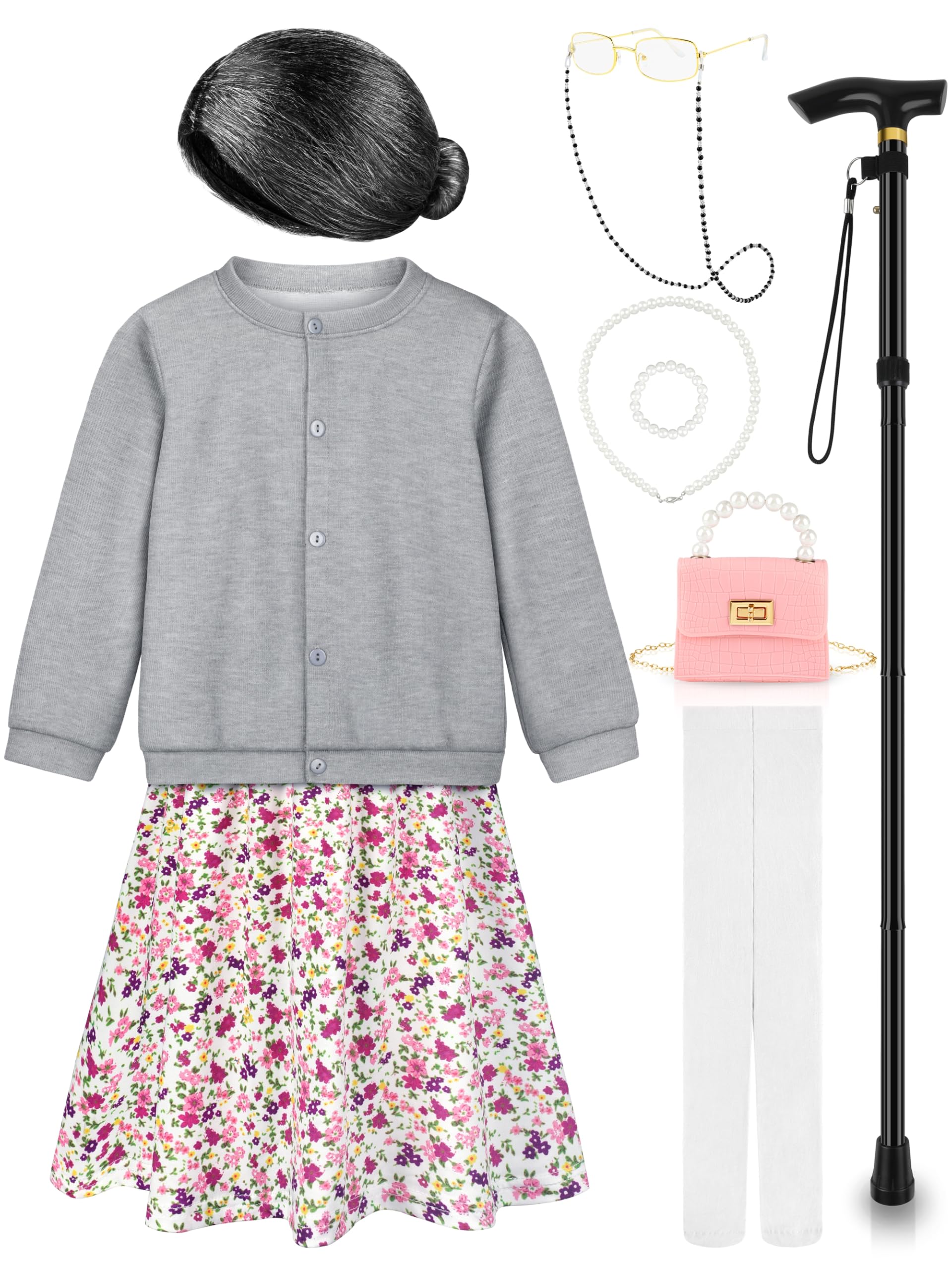 Old Lady Costume for Kids 100 Days of School Costume for Girls 100th Day of School Granny Old Lady Dress Up Accessory