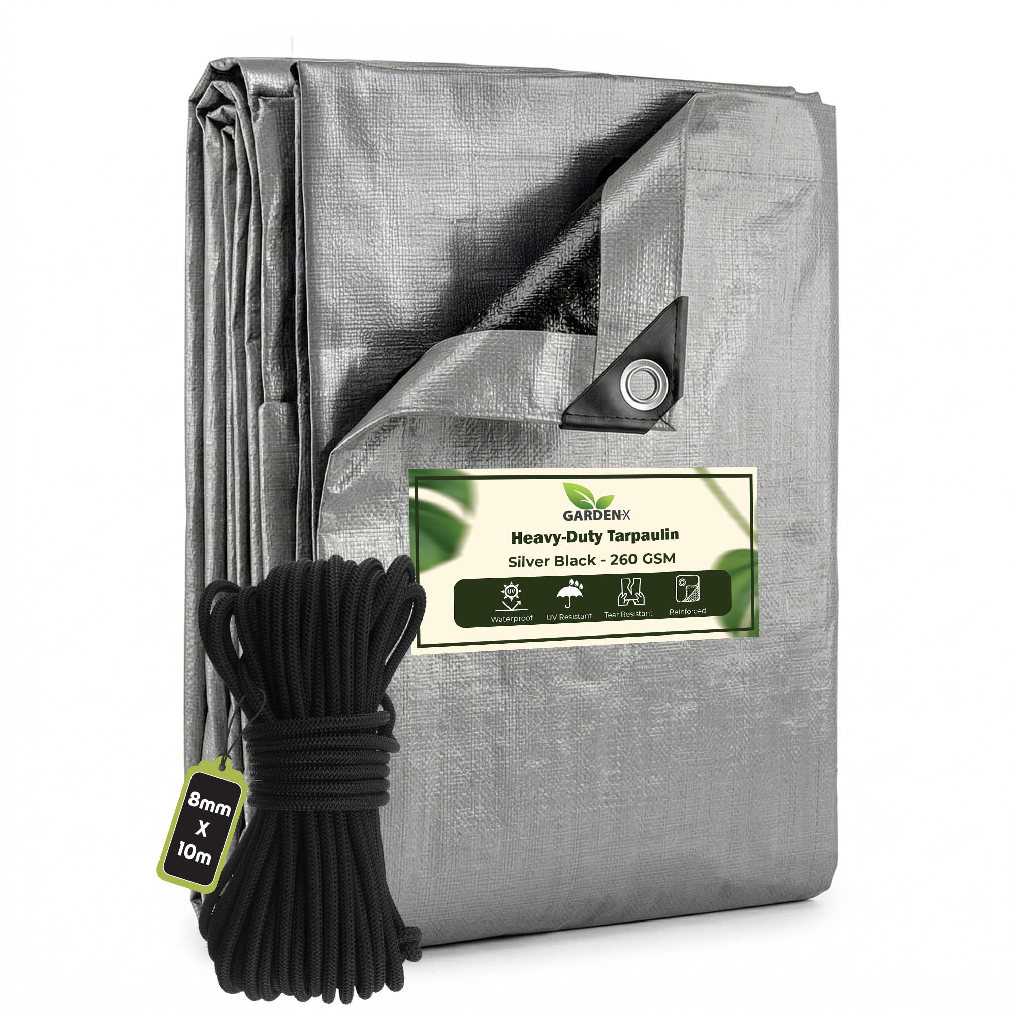 GARDENIX 2m x 3m Silver Heavy Duty 260gsm Tarpaulin Waterproof Tarp Sheet Cover, Groundsheet, Multipurpose, Reinforced Eyelets with 10 Metres of 8mm Bungee Rope