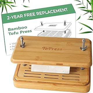 Bamboo Tofu Press, Built in Tofu Strainer and Drip Tray with Cheesecloth- Easily Remove Water from Tofu, Tofu Drainer and Squeezer, Fit for Tofu Size 16oz, Great Gift for Tofu Lover