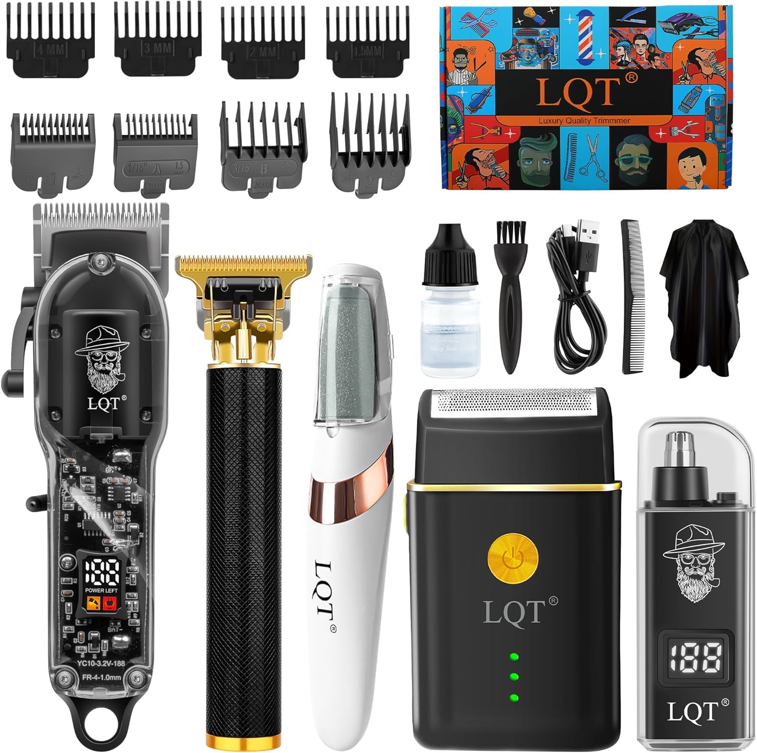 Cortapelos para hombres con pantalla LED, juego de recortadora de barba, kit de aseo profesional de 5 piezas, incluye cortadora de pelo, afeitadora