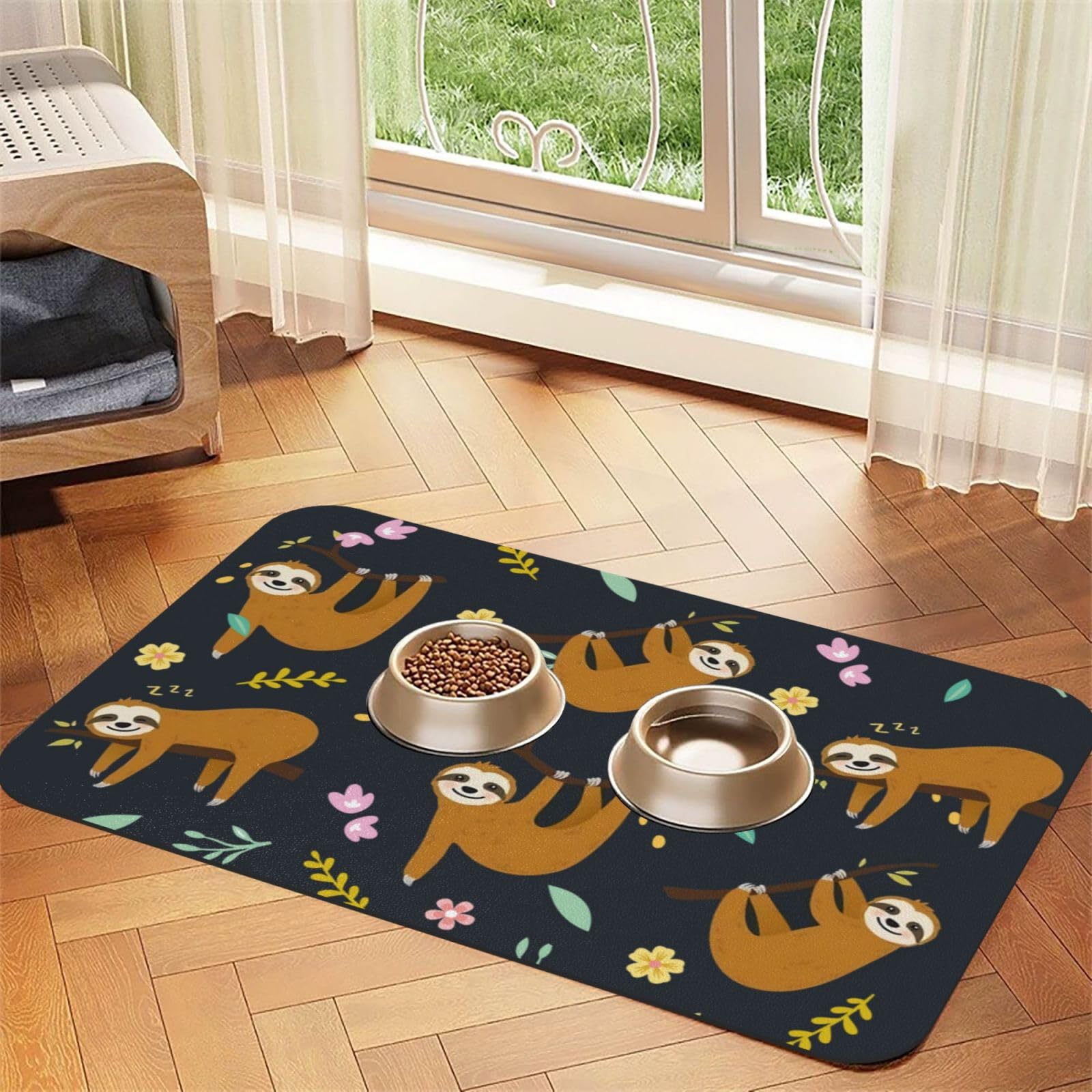 Tree Sloth Absorbent Dog Mats for Food and Water Waterproof Pet Bowl Liner Anti-Slip Dog Feeding Mats Quick Dry Pet Placemat to Protect Floors