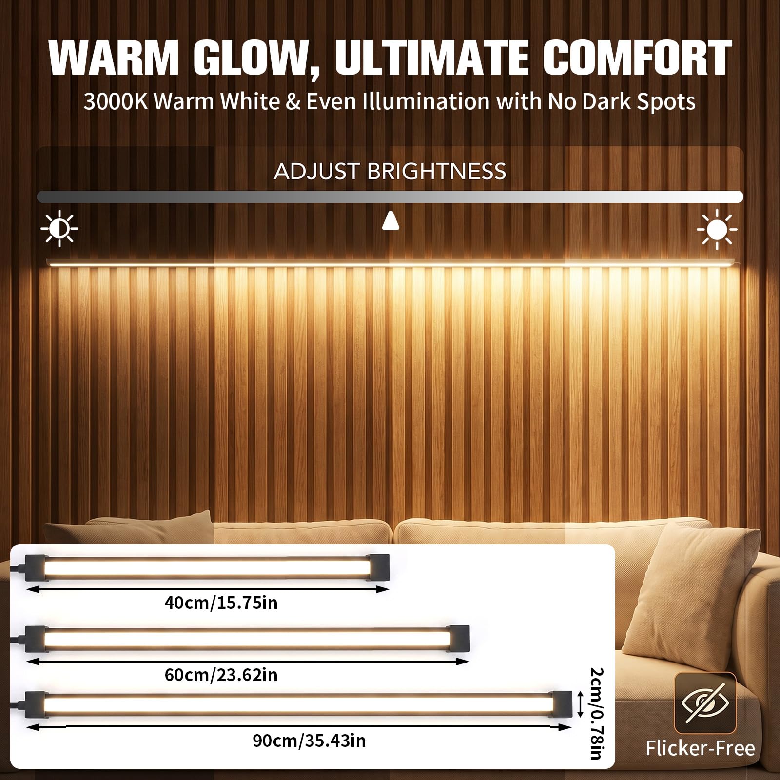Set di 6 strisce LED nere per pannelli acustici, 3000 K, luce bianca calda, dimmerabile, per montaggio a scanalatura (40/60/90 cm x 2), striscia luminosa autoadesiva con sensore touch, per
