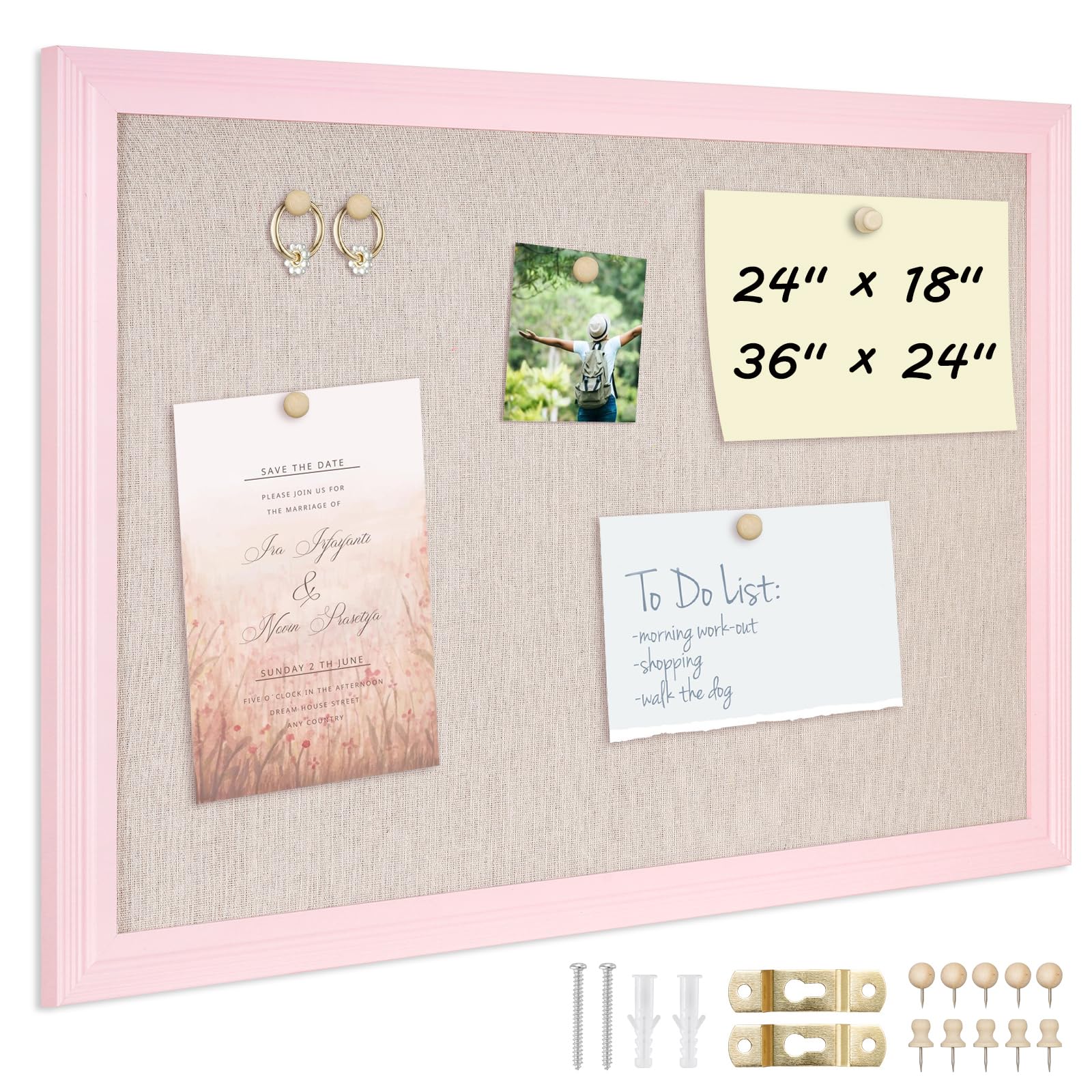 DOLLAR BOSS Bulletin Board with Linen 24'' x 18'' Pink Framed Cork Boards for Walls, Photo Display Pin Board, Decorative Corkboard for Office Home School Girls Dorm Decor with 10 Pushpins, White