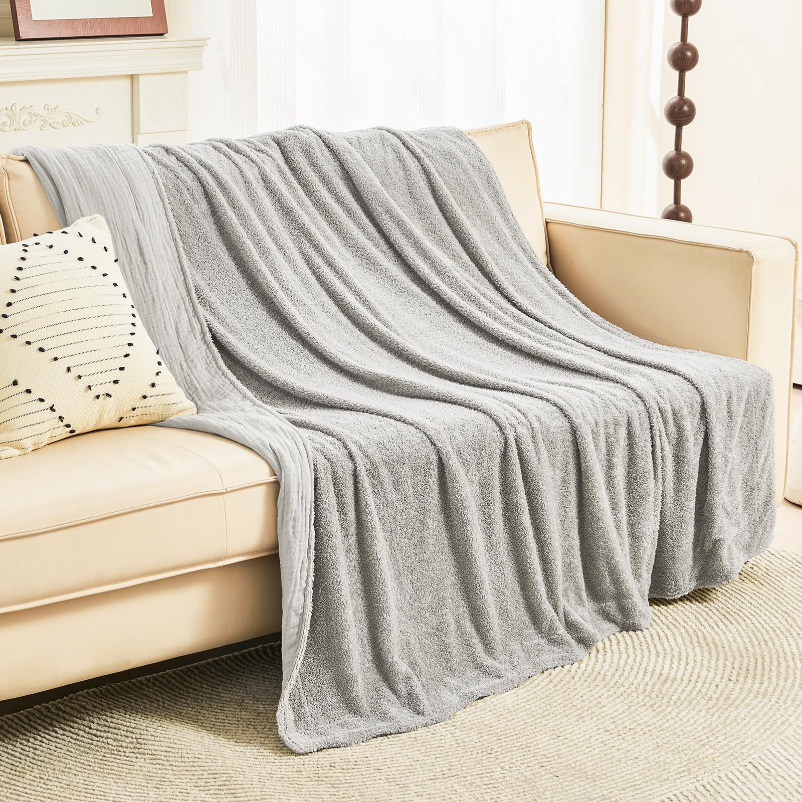 EMME Muslin and Fleece Throw Blanket Reversible - 50"*60" Grey Soft Warm Throw Blankets for Couch Bed Picnic Travel Bed