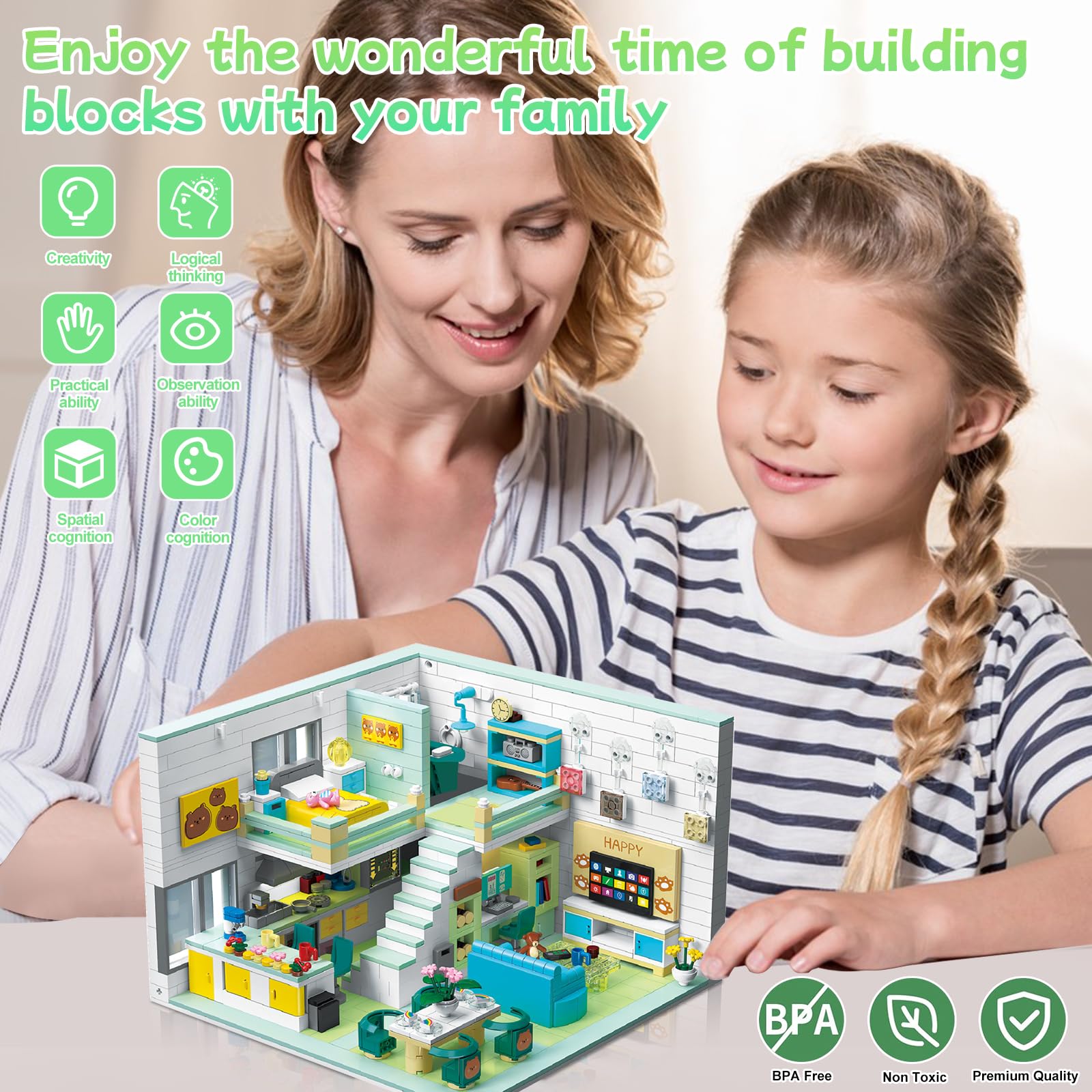 Jouet de Construction, Kit de Mini Modèle de Bloc Maison d'amis, Bloc de Maison Modulaire de Dessin Animé, Jouet Éducatif STEM Cadeau pour Ados Enfants 8+, 1035 Pièces