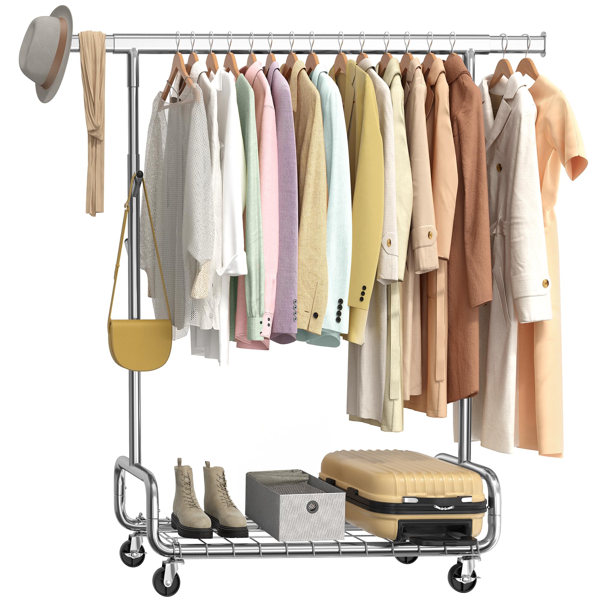 SONGMICS Clothes Rack, Heavy-Duty Rolling Clothing Garment Rack with Wheels, Extendable Hanging Rod and Adjustable Height, Portable, with Shelf and Hooks, Silver UHSR014E01 Silver Single Rod