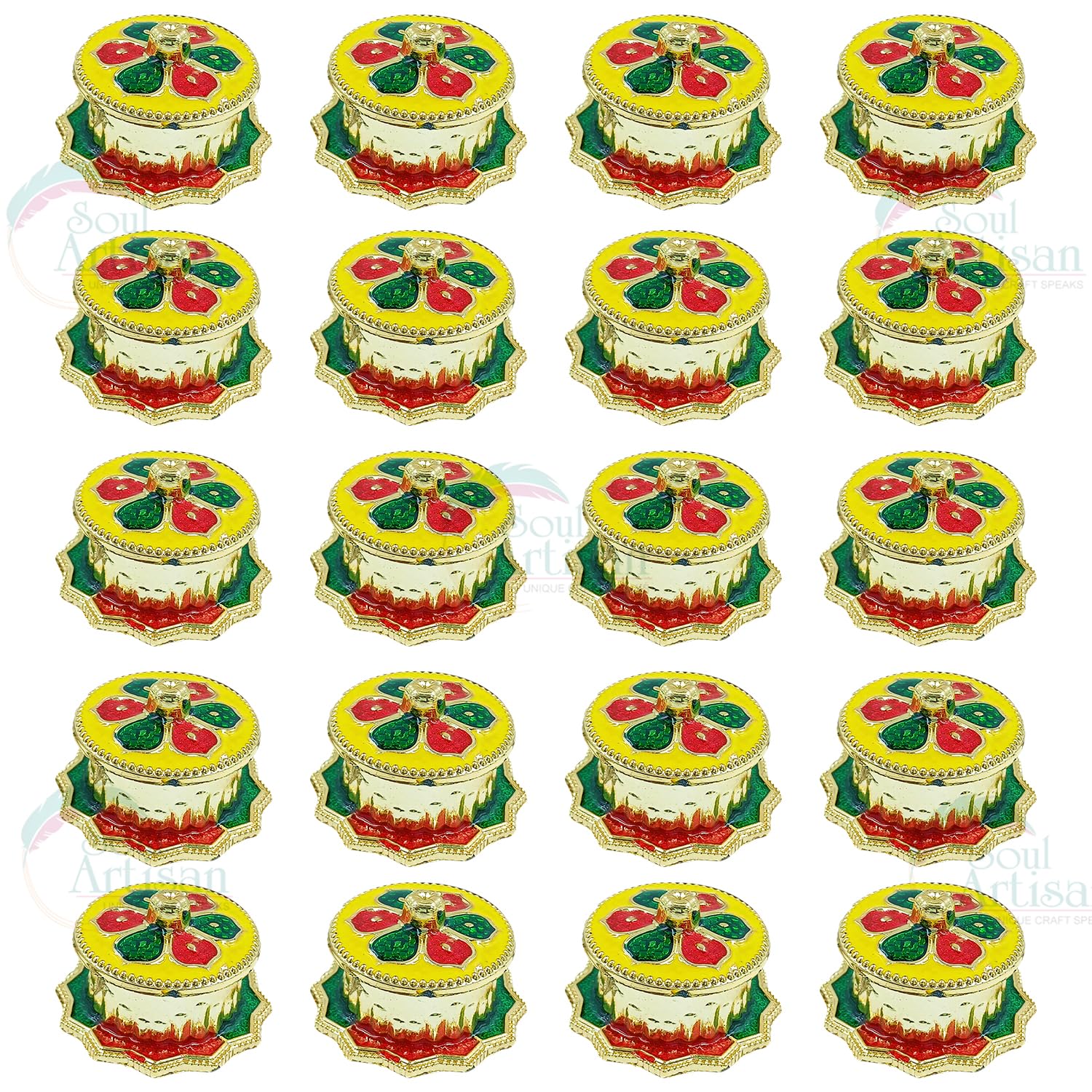 Soul Artisan Round Flower Design Single Kumkuma Holder Chimil Box - Plastic Golden Metallic Color(Pack of 20) - Decorative Design Tilak Daani, Sindoor for Women Return Gift, Diwali, Weddings, Pooja